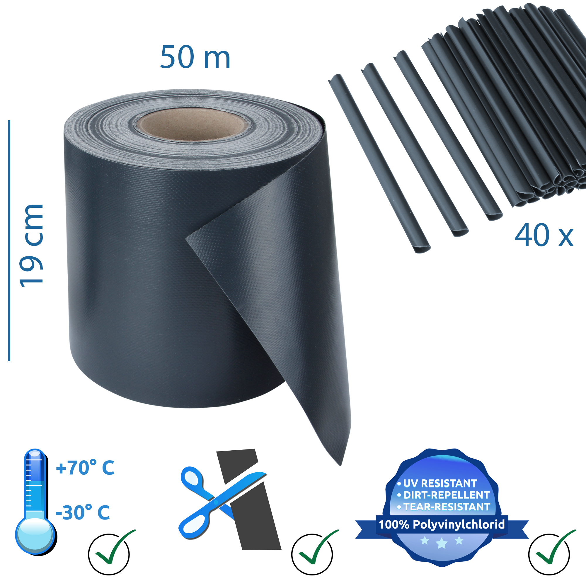 PVC privacy fence tape yourGEAR, 50m x 19cm roll, 450 g/m², dark grey, includes 40 clips, UV-resistant, tear-resistant, suitable for -30°C to +70°C, for single and double rod mesh fences.