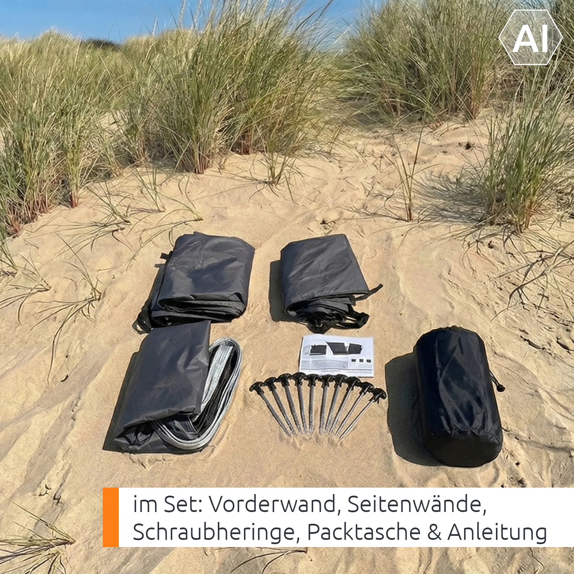 Folded dark grey awning front panel and two sidewalls, matching storage bag, set of metal screw pegs, guy rope and instruction sheet laid out on sand for your GEAR Korsika 2.4 awning wall kit