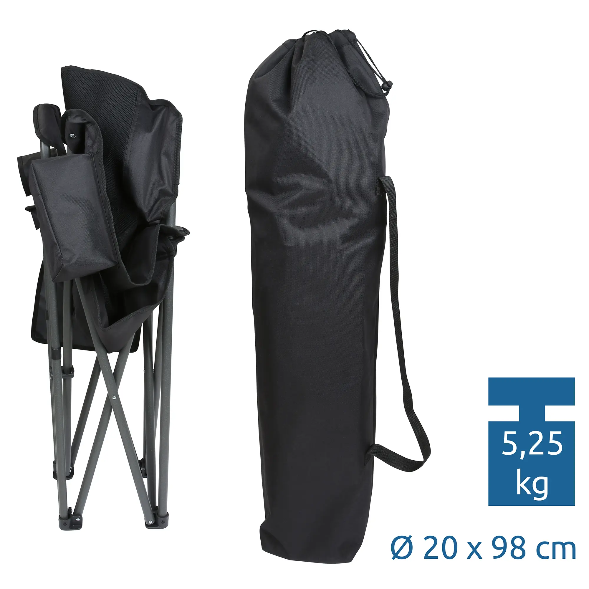 Sedia da campeggio your GEAR Fano pieghevole in 3D-Mesh, con portabicchieri, borsa termica e organizer, mostrata chiusa accanto alla sacca da trasporto nera. Dimensioni 20x98 cm, peso 5,25 kg.