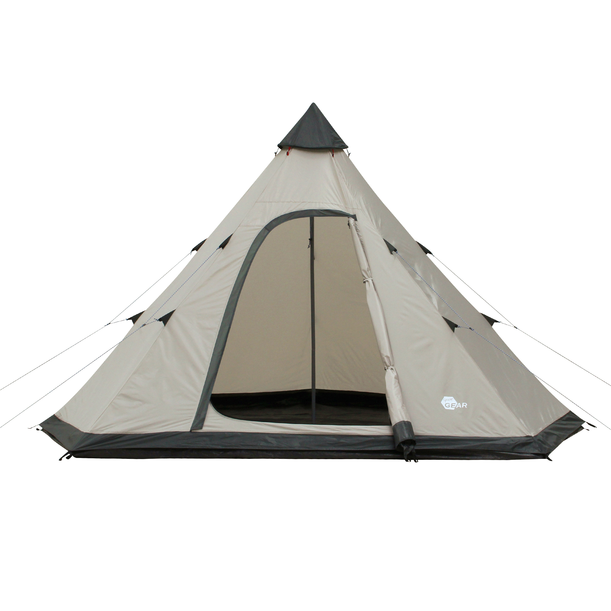 your GEAR Lido 370 tipi tent for 4 people, light grey with dark seams, pyramid shape, large entrance, standing height, bathtub floor, insect protection, suitable for camping and family use, waterproof 5000 mm.