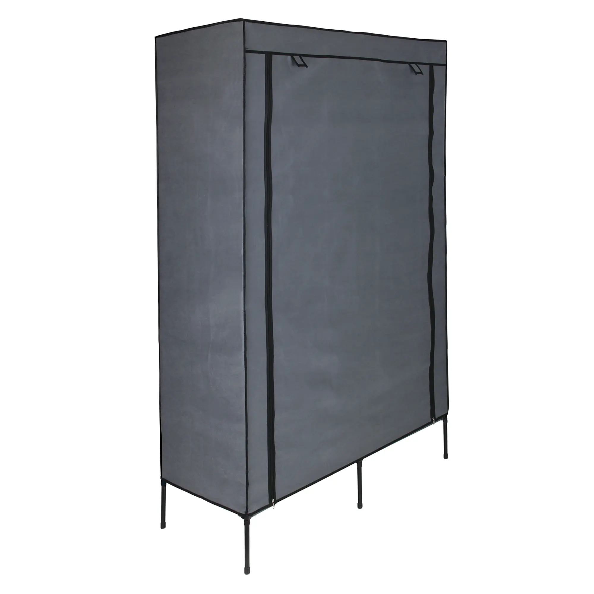 yourGEAR Grado fabric wardrobe, 108x45x175 cm, shown with closed grey fabric cover, black frame and legs, modern design, offers dust-protected storage for clothes, shoes and accessories.