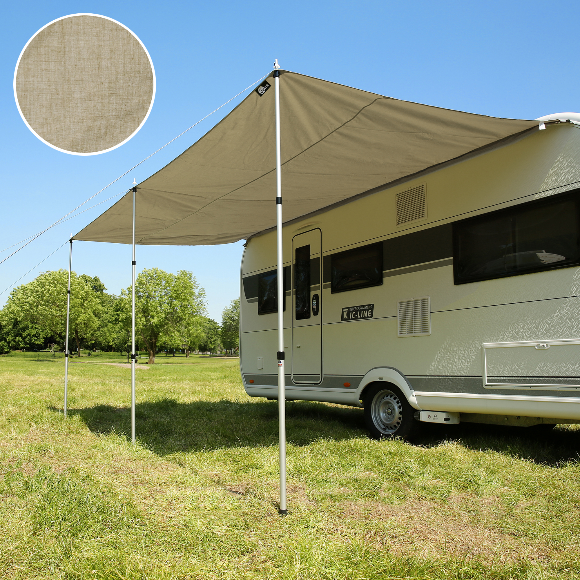 your GEAR Caravan Tarp TC 400 x 240 Wohnwagen Sonnendach inkl. Aufstellstangen Baumwoll-Sonnensegel