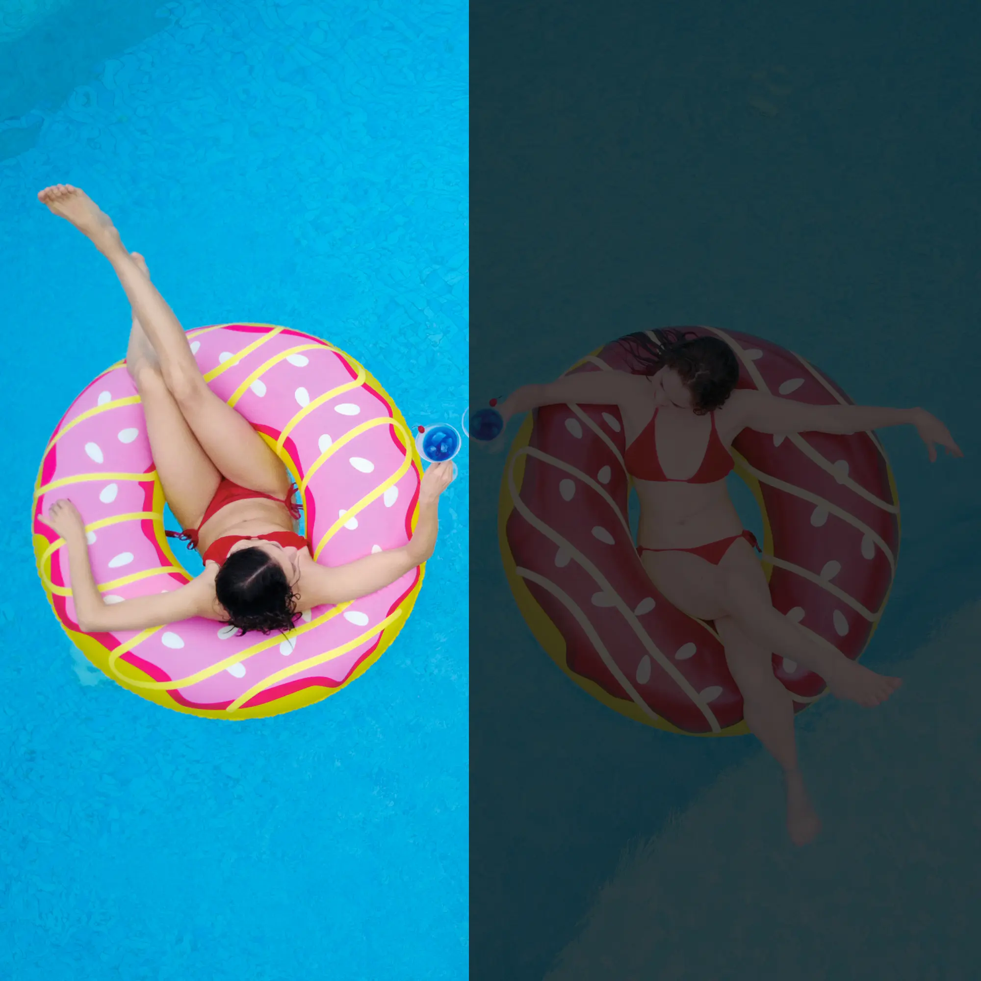 Mujer en bikini rojo sentada en un flotador gigante Jilong de diseño donut rosa con glaseado y chispas blancas, en una piscina azul. El anillo mide 110x30 cm y es ideal para adultos y adolescentes.