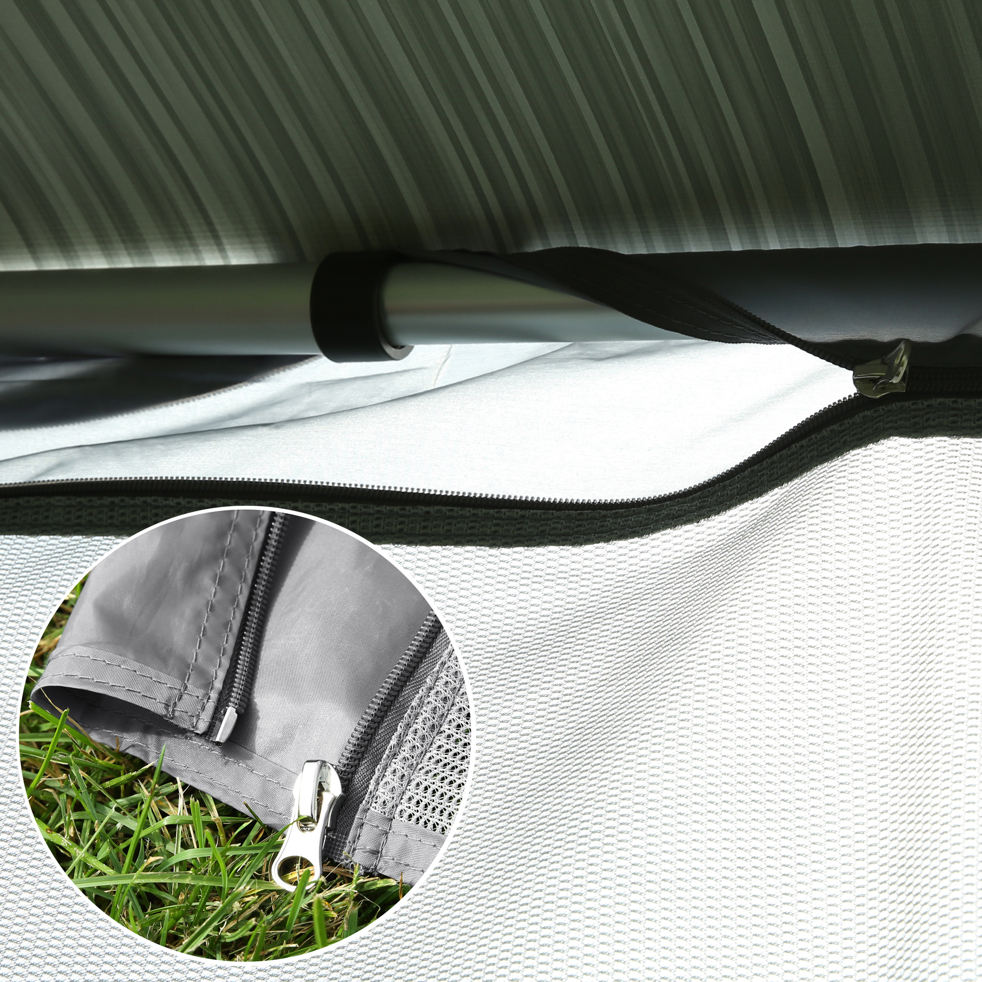 your GEAR Capri Side Blocker Set: Two wind-permeable side panels for awnings, showing durable mesh fabric, zipper closure, and easy mounting on support poles; ideal sun and privacy protection for campers.