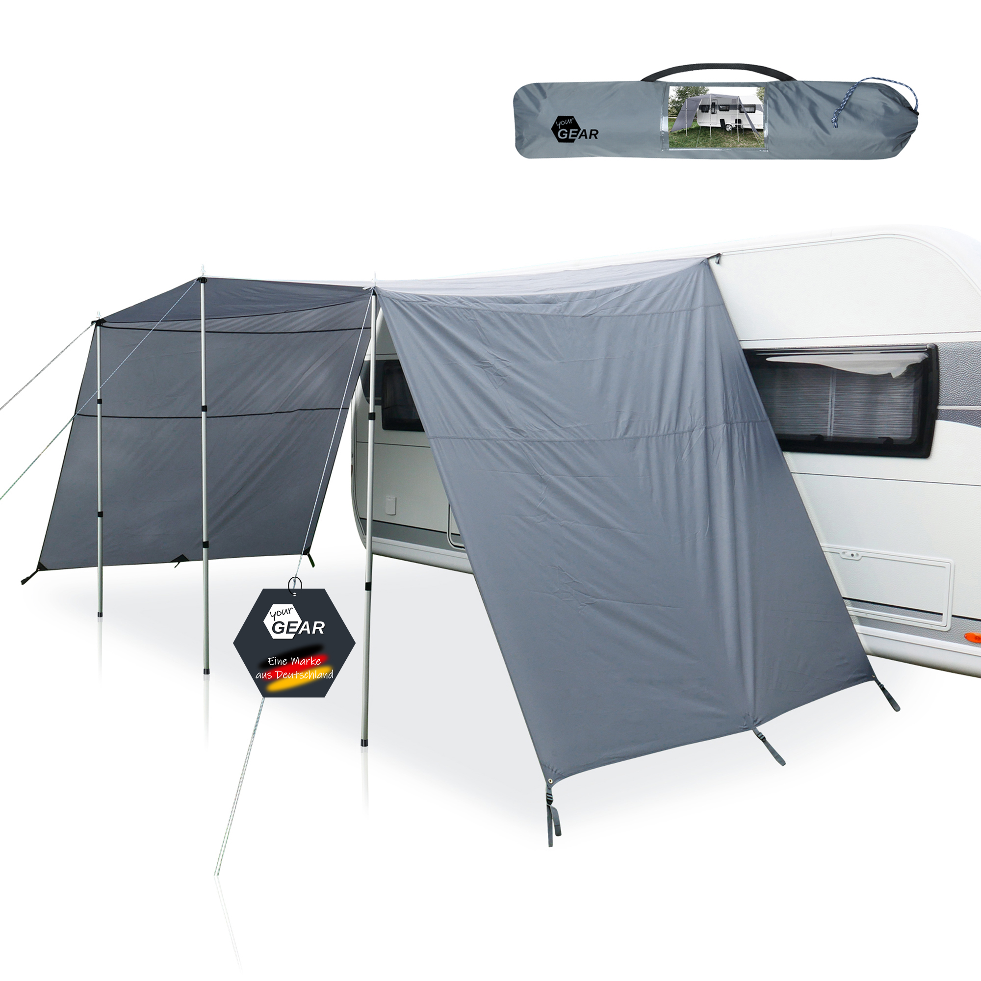 Toldo gris your GEAR Teramo 450x240 cm montado en caravana con paneles laterales, barras telescópicas de aluminio, cuerdas tensores y bolsa de transporte, protección solar y lluvia UV50+ para camping y caravanas.