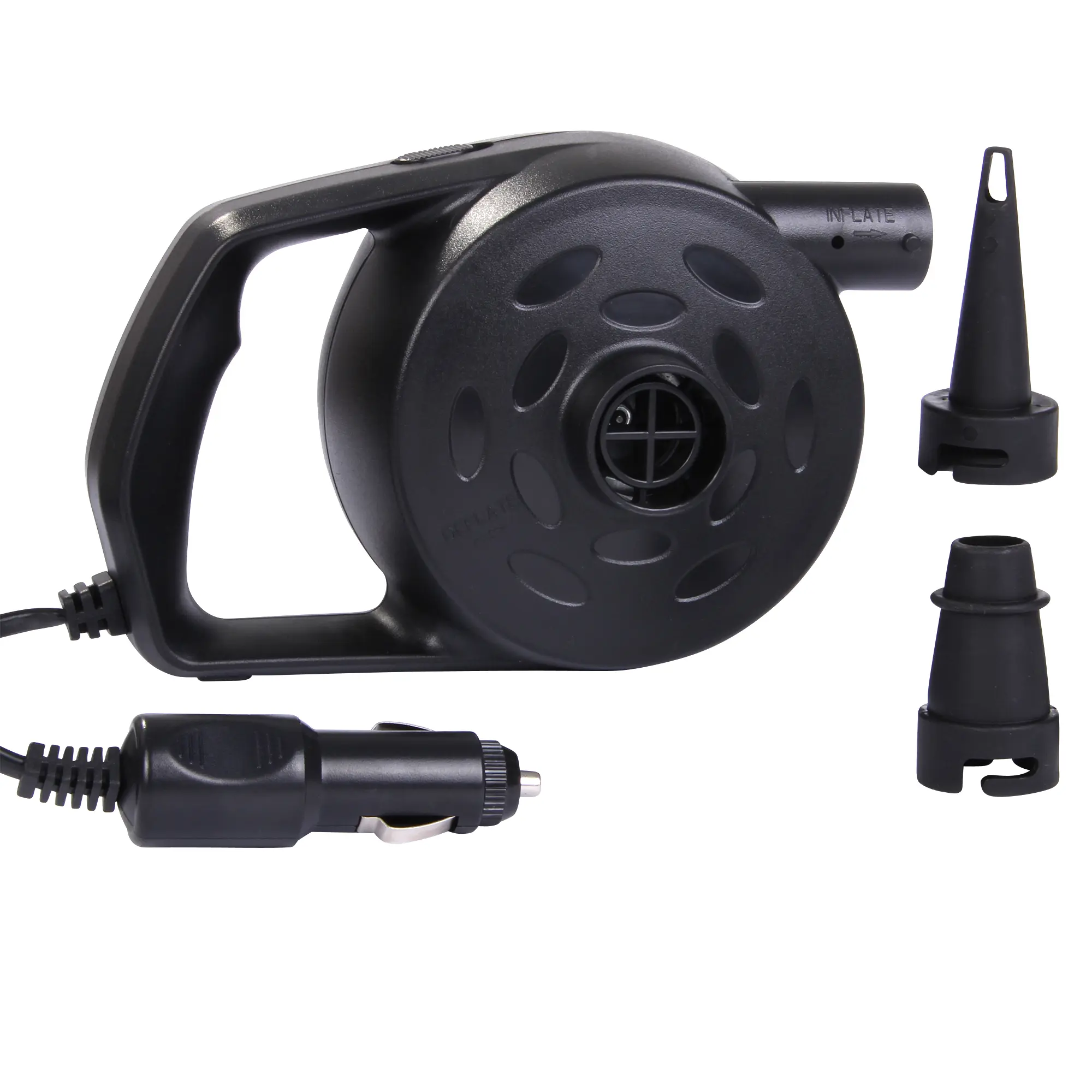 Pompa elettrica Blueborn P110 nera da 12V, 110W, con impugnatura, presa accendisigari auto e due ugelli intercambiabili; ideale per gonfiare e sgonfiare materassi, piscine e giochi gonfiabili.