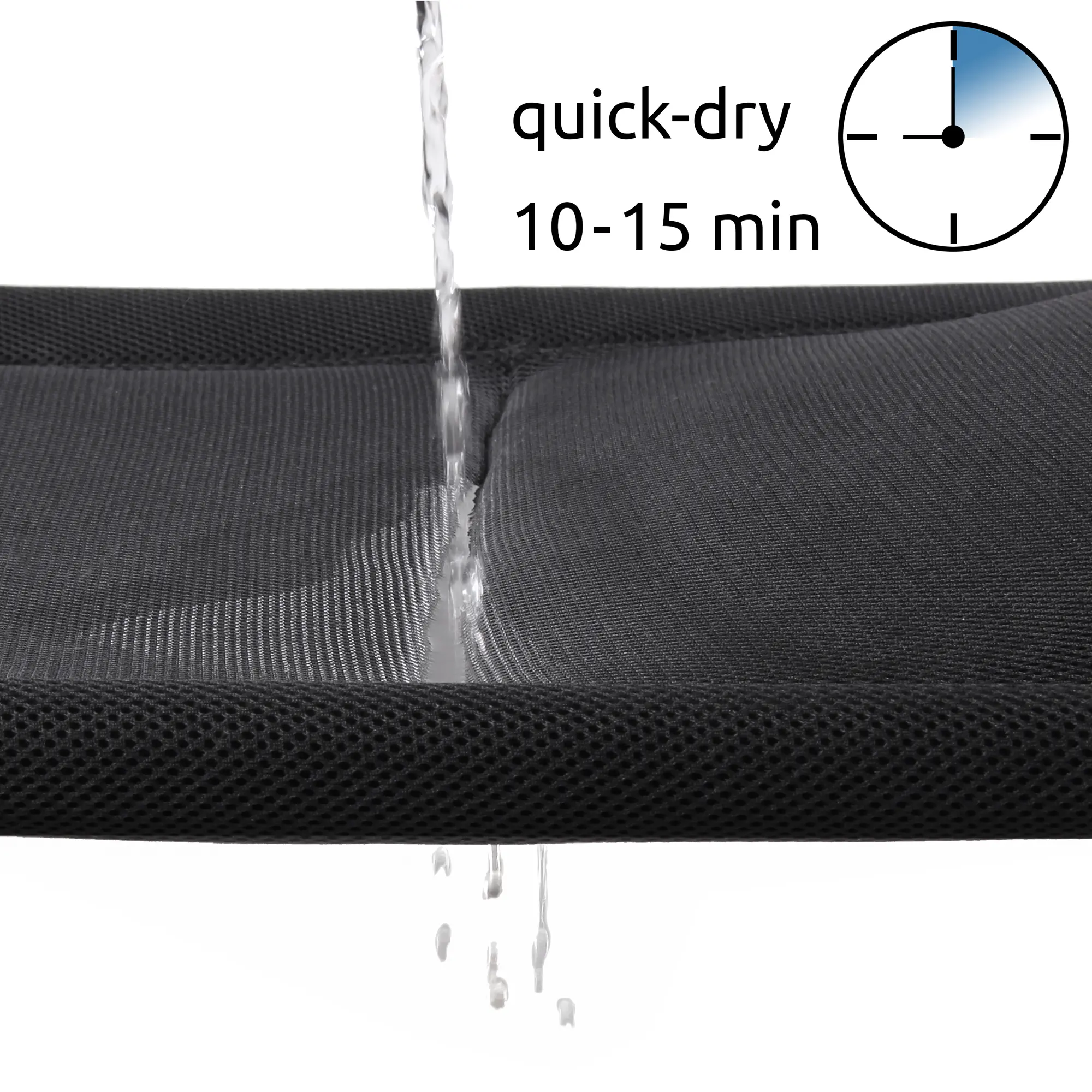 Schwarzer 3D Mesh Bezug der yourGEAR Sonnenliege Salina 3D, über den Wasser läuft; Symbol für schnelle Trocknung (quick-dry 10-15 min) oben rechts verdeutlicht die schnelltrocknende Funktion.