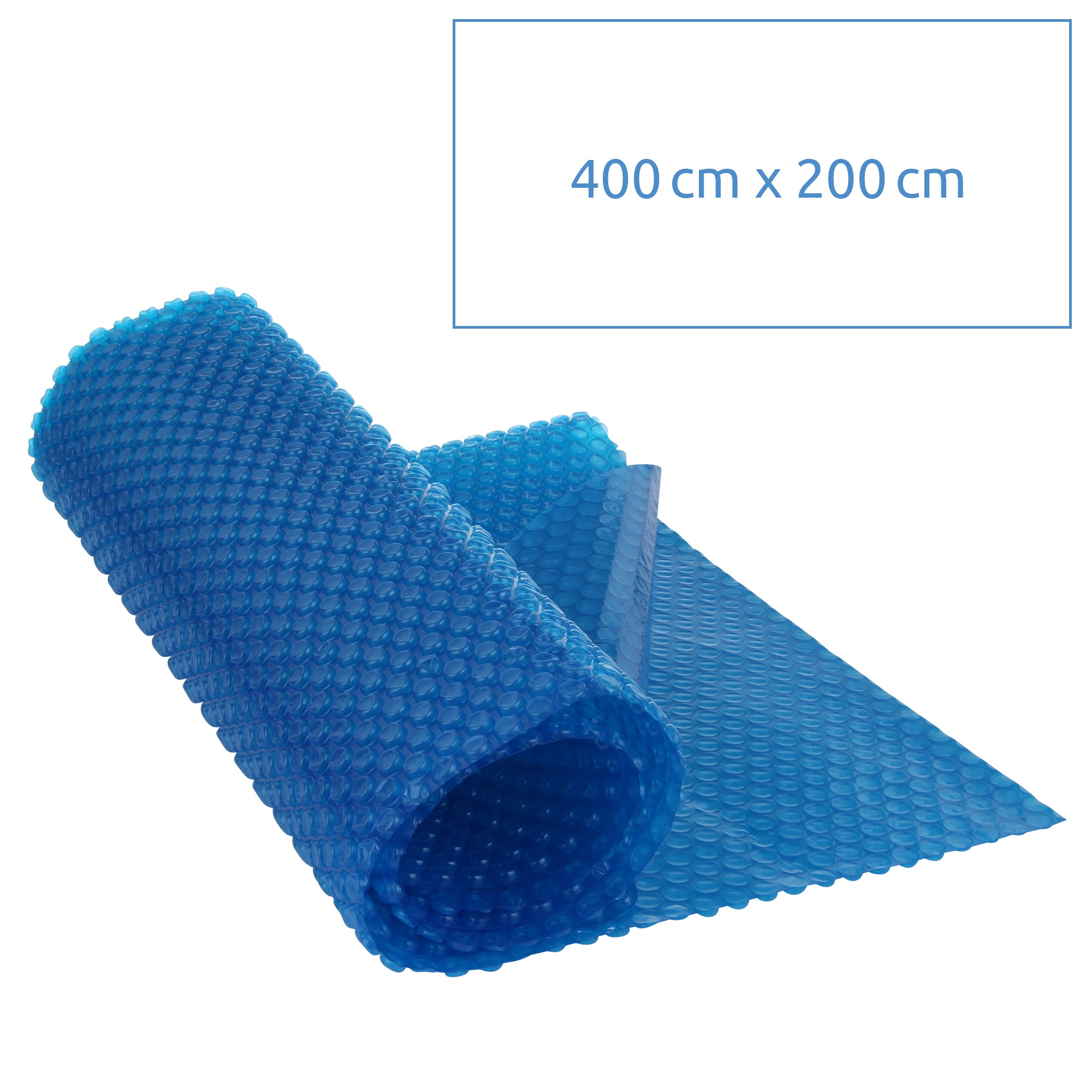 your GEAR Solar cover SC-400x200, rectangular blue bubble solar pool cover, 400x200 cm, 300 µm thick, designed for pool heating and insulation, unrolled to show nodule texture and size.