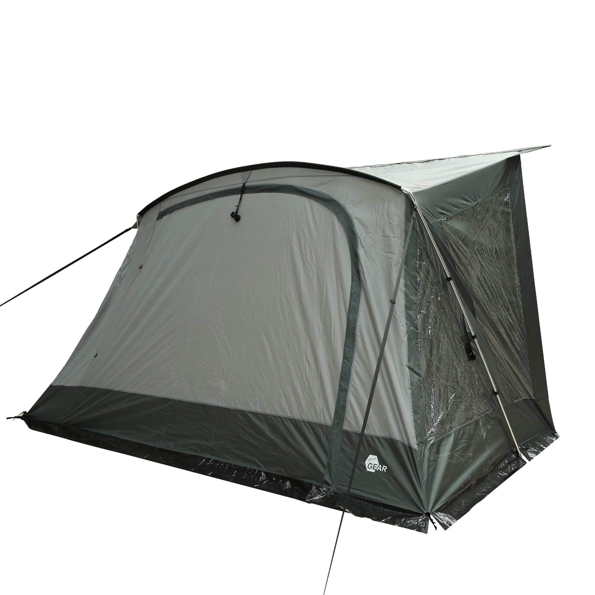 Auvent de caravane your GEAR Positano 330, tissu gris, 4 grandes fenêtres transparentes, grande porte frontale avec auvent, armature en aluminium, conçu pour offrir espace et protection UV 50+ lors du camping.