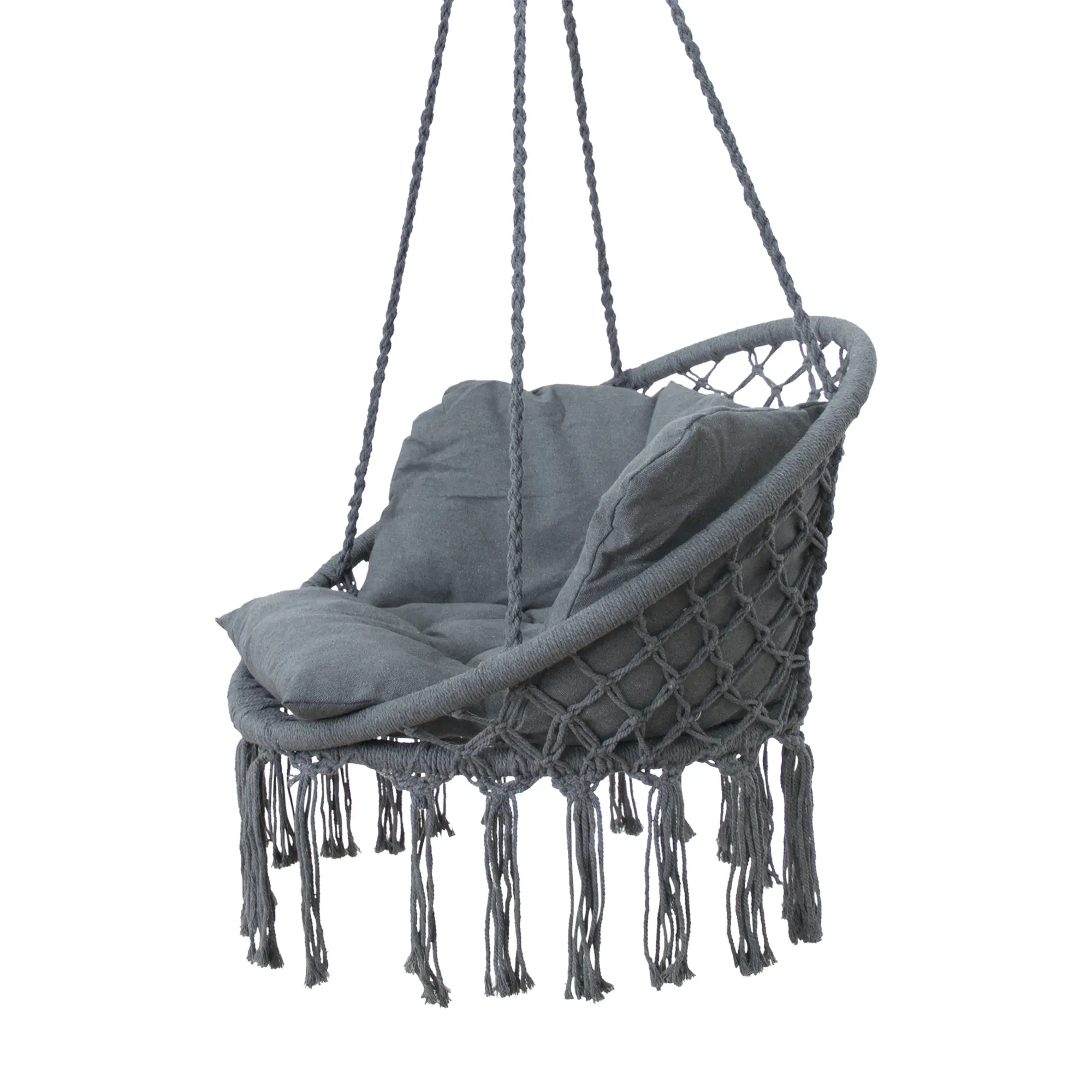 Grey yourGEAR Boracay hanging chair with thick, removable seat and back cushions, sturdy woven rope construction, round frame, decorative fringes, and 360-degree suspension for indoor and outdoor relaxation. Max load 240kg.