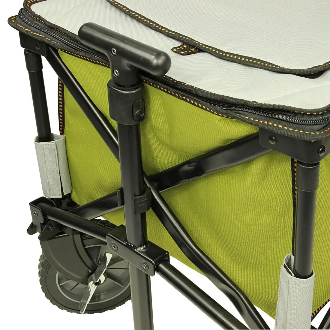 Dettaglio del 10T Cooler Trolley Bollerwagen pieghevole con struttura in metallo nero, tessuto verde e grigio, ruota robusta e vano con cerniera per funzione di borsa termica integrata.