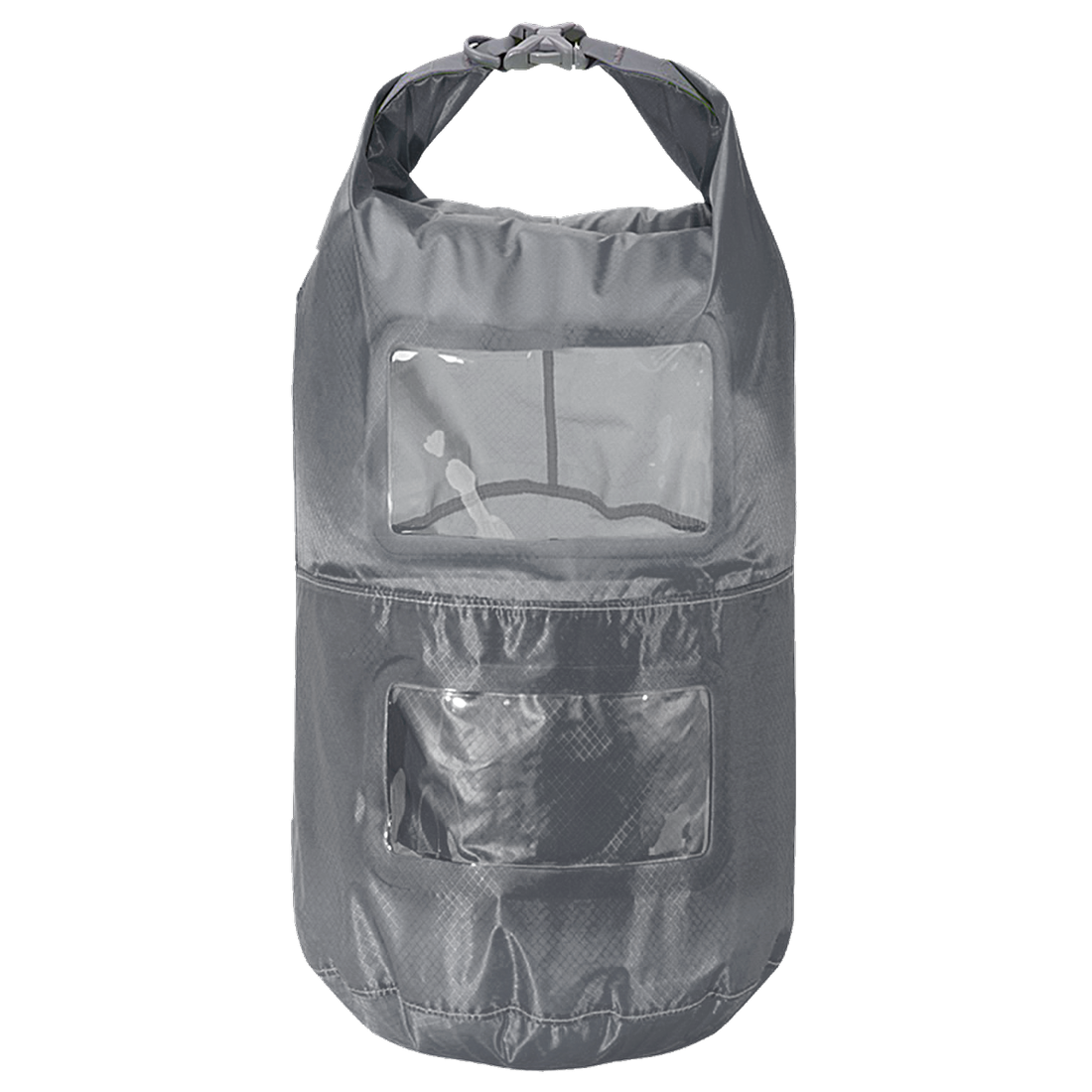 Trekmates 25L dry bag, lightweight grey nylon, two compartments with drawcord divider, roll-top closure with sealing lip, two clear windows for easy content view, waterproof pack sack for outdoor storage.