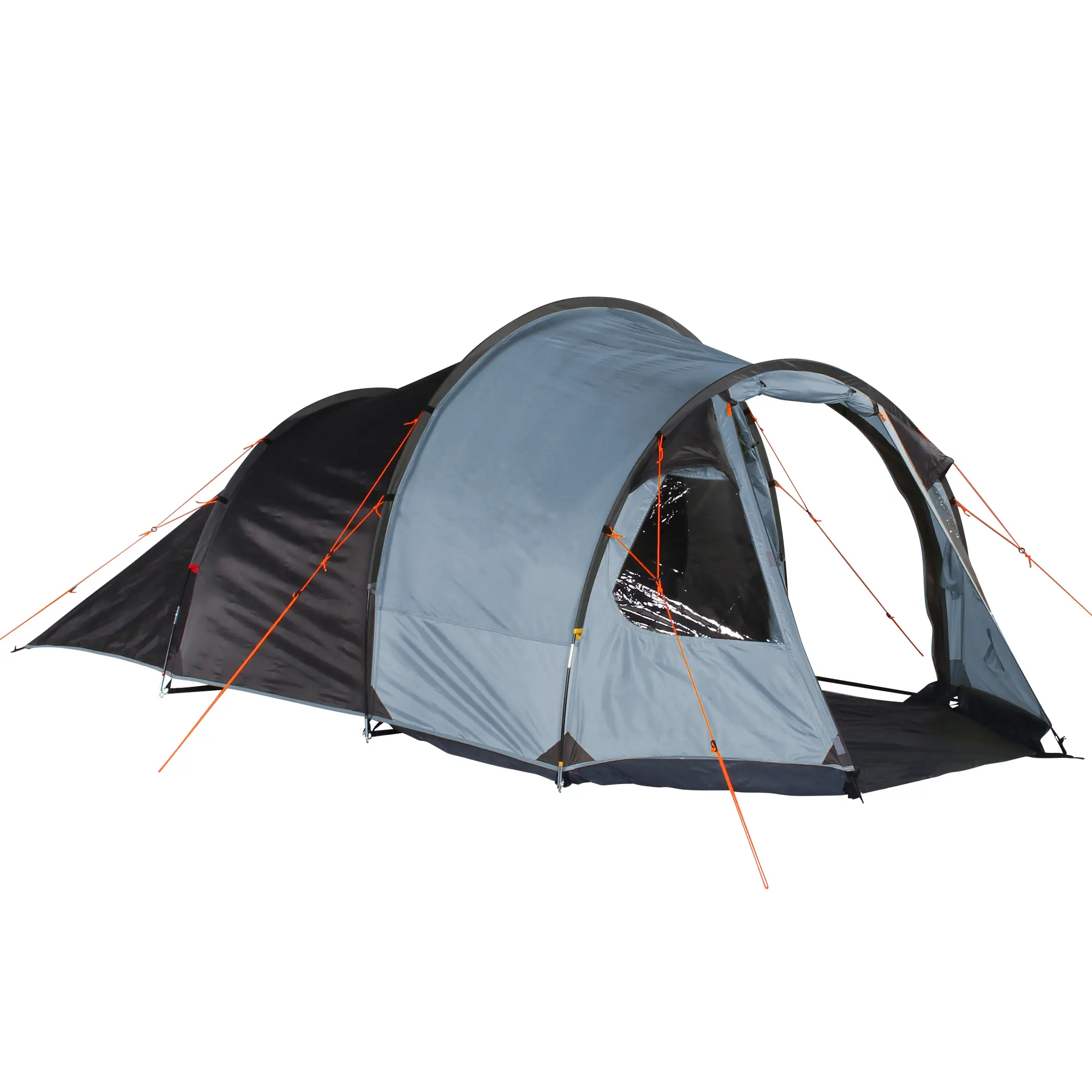 Blau-graues 10T Mandiga Arona 5 Mann Tunnelzelt mit Stehhöhe, großem Vorraum, zwei Eingängen, Moskitonetz, Fenstern und orangefarbenen Abspannleinen; wasserdicht, ideal als Familienzelt beim Camping.