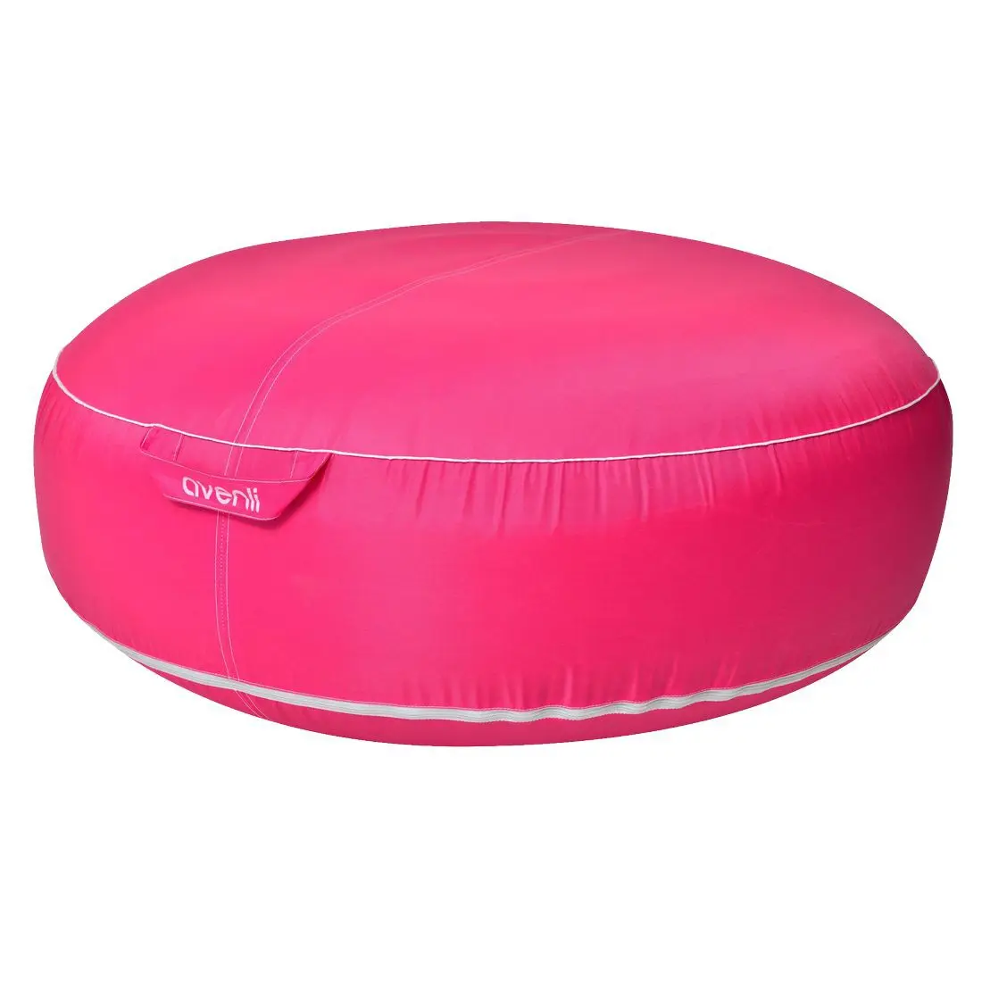 Pouf Avenli gonfiabile tondo 98x38 cm, rivestimento rinforzato resistente all’acqua, colore rosa acceso, adatto per esterni come giardino o terrazzo, con maniglia laterale e cuciture visibili.