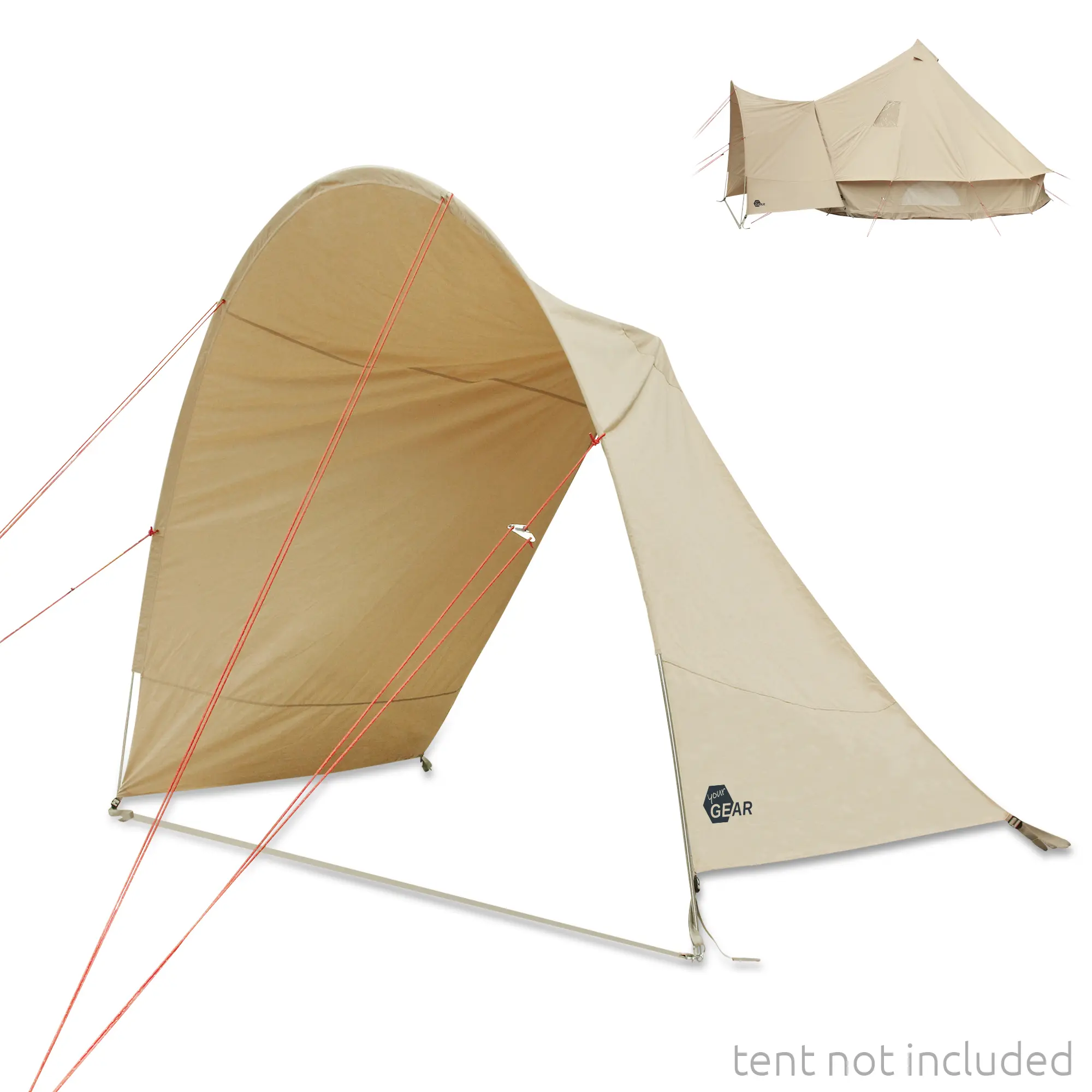 Universal porch canopy your GEAR Canopy Porch Desert Pro 8 / 10, beige, made of breathable cotton-polyester TC fabric, with 11mm aluminum poles, shown as a standalone awning; tent not included.