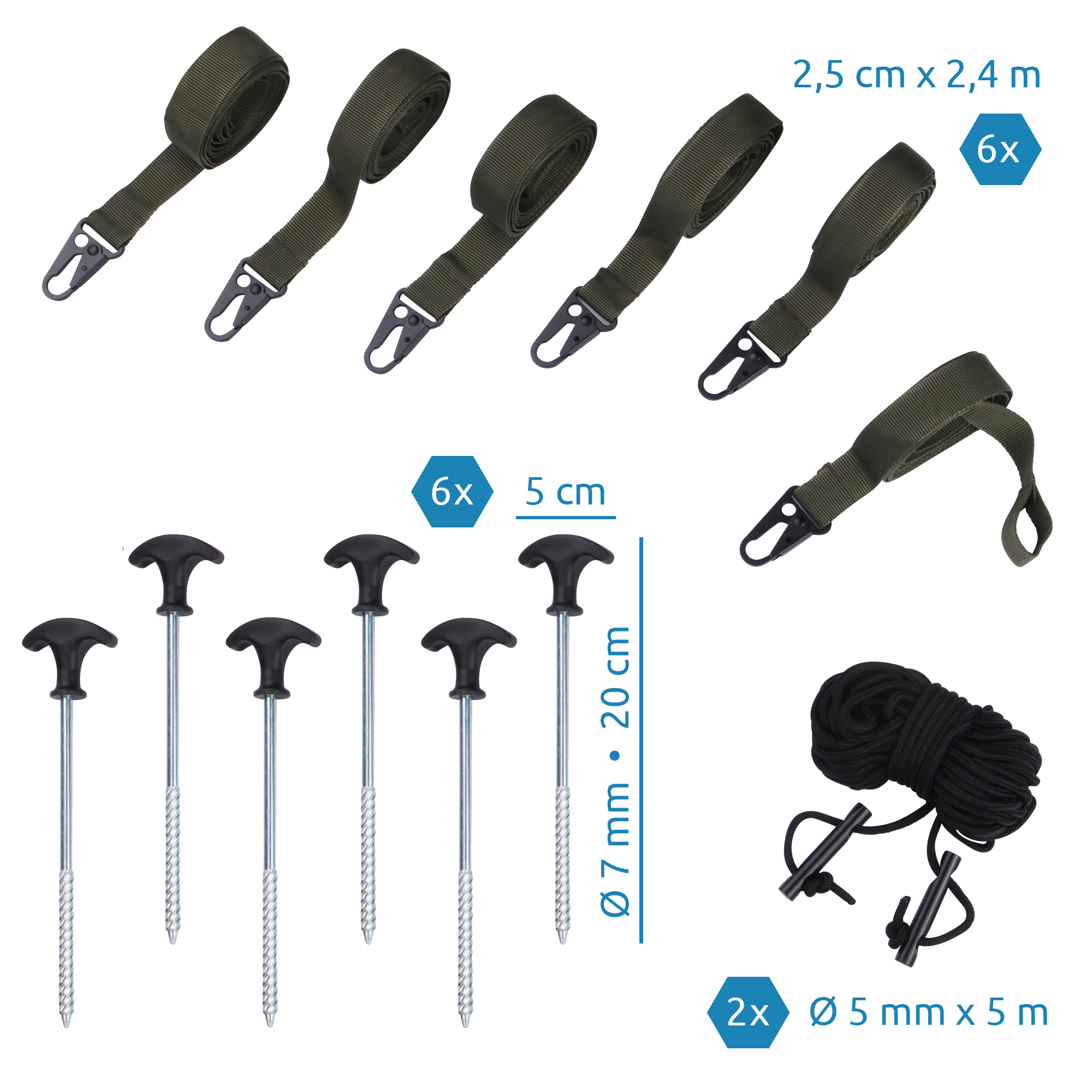 Accessory set for yourGEAR Bushcraft Tarp: 6 olive green straps with metal hooks (2.5 cm x 2.4 m), 6 metal pegs with black handles (20 cm), and 2 black ropes (5 mm x 5 m) for outdoor shelter setup.