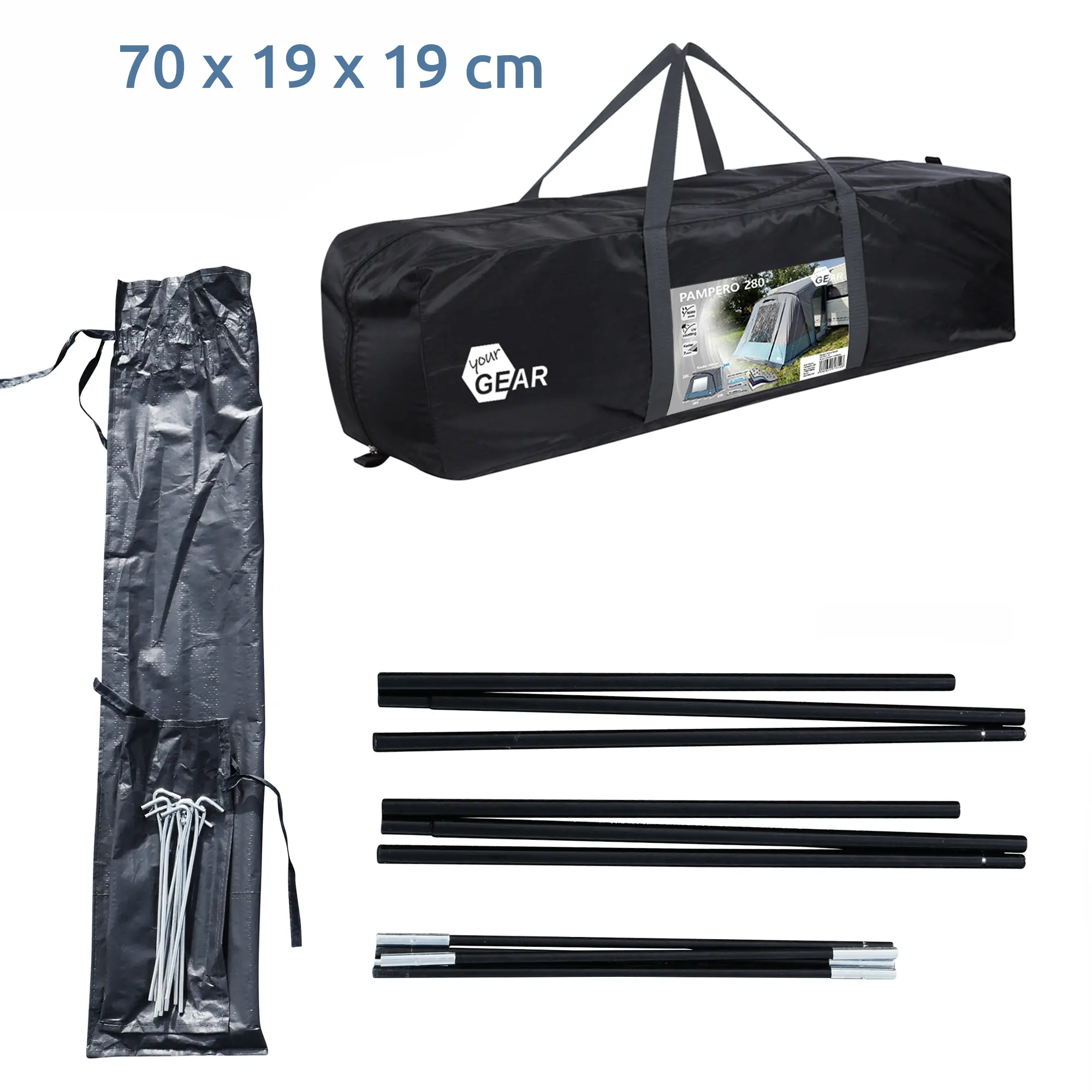 Bolsa de transporte negra your GEAR para avancé de caravana Pampero 280, con dimensiones 70 x 19 x 19 cm, incluye varillas, piquetas y funda, ideal para camping y protección contra el clima.