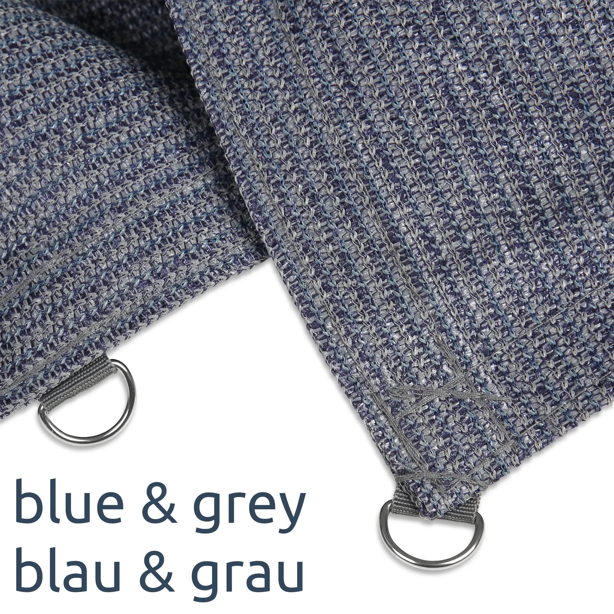 your GEAR Toskana 250 x 300 cm HDPE awning carpet in blue and grey, close-up of woven texture and reinforced corners with metal D-rings, durable and weather-resistant for camping or outdoor use.