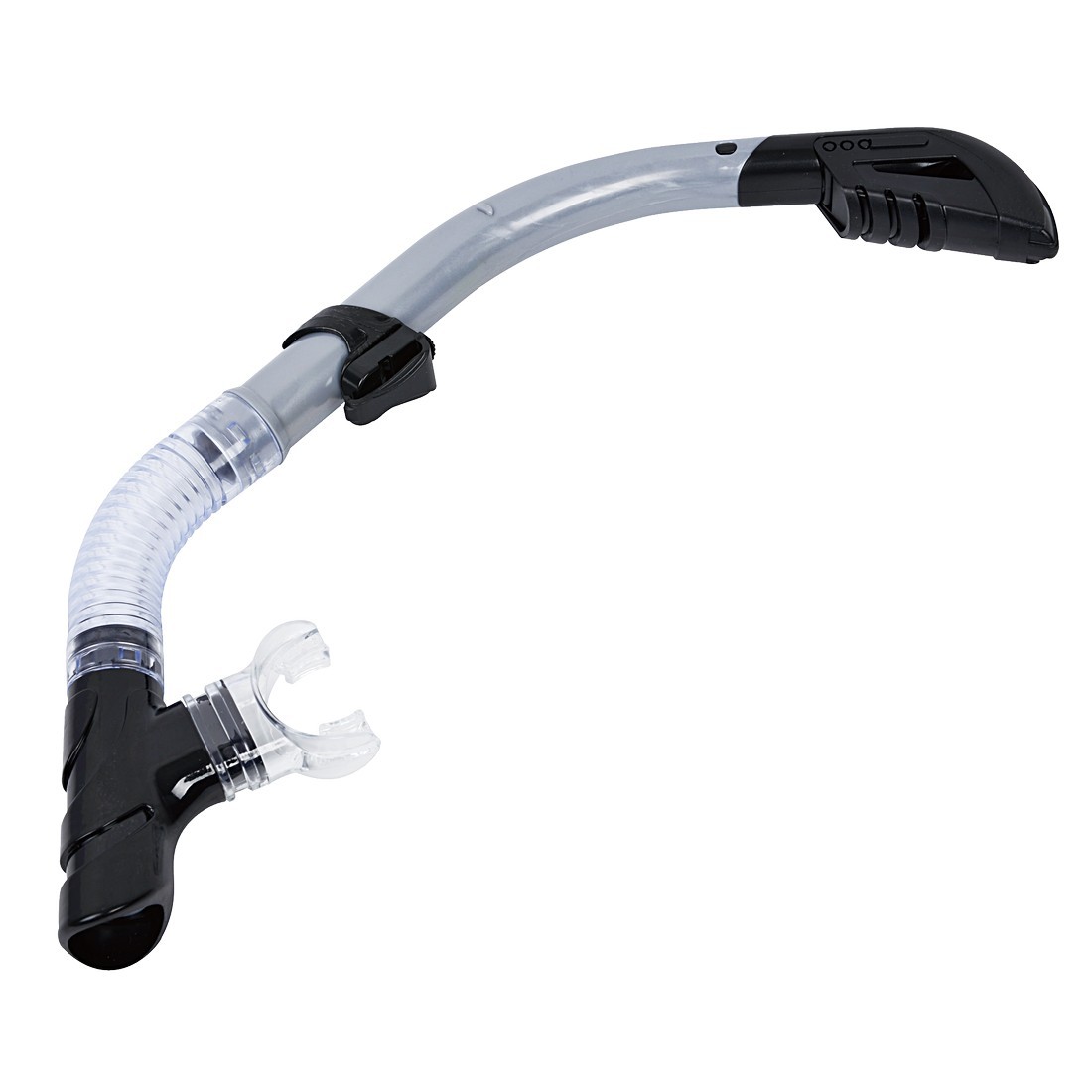 Tuba de plongée Jilong Dry Plus avec embout en silicone souple, système DRY anti-infiltration, tube courbé gris et noir, embout ergonomique transparent, idéal pour la plongée et la natation.