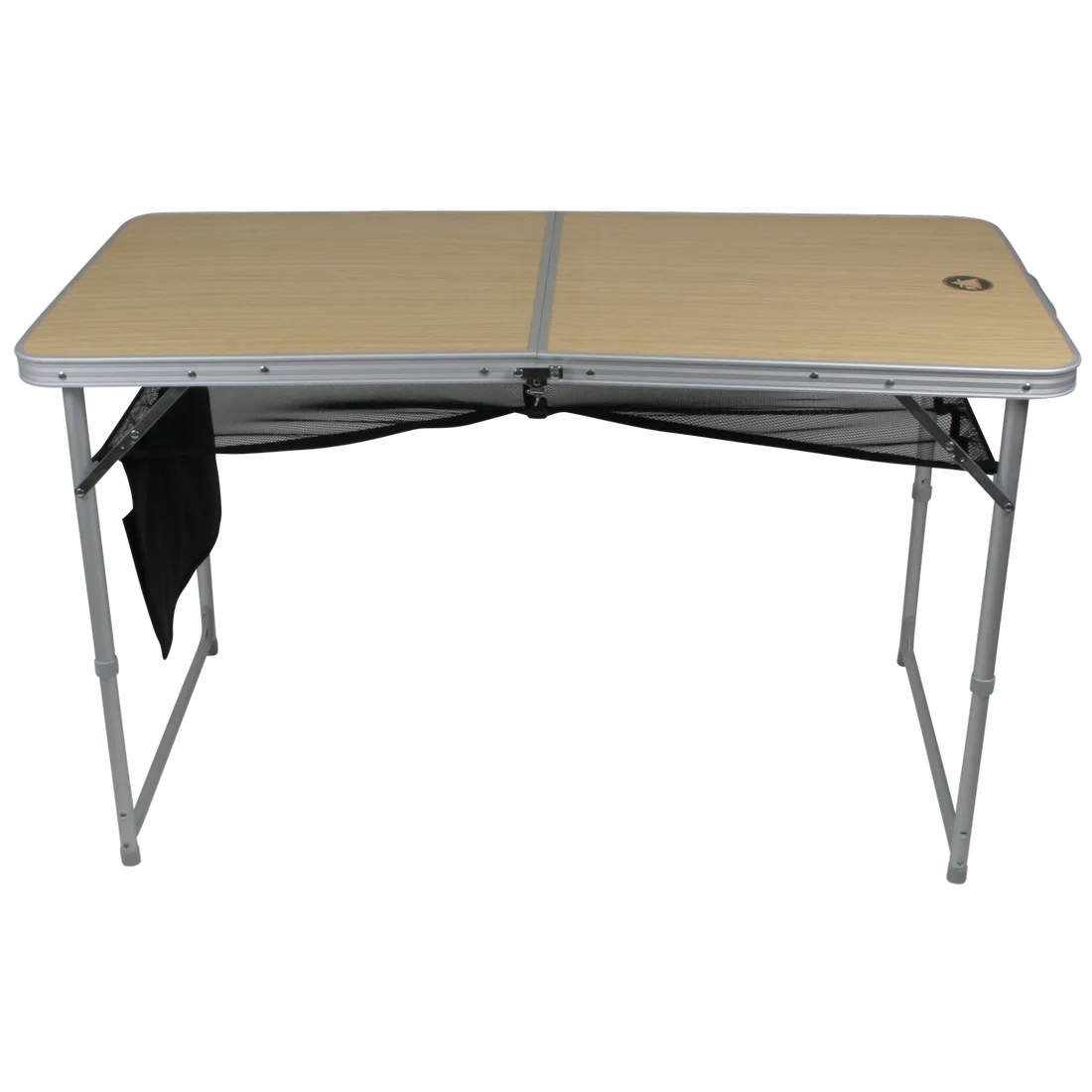 Table de camping pliable 10T pour 4 personnes, structure en aluminium, plateau effet bois clair, pieds renforcés, rangement en filet sous le plateau, idéal pour pique-nique et camping en famille.
