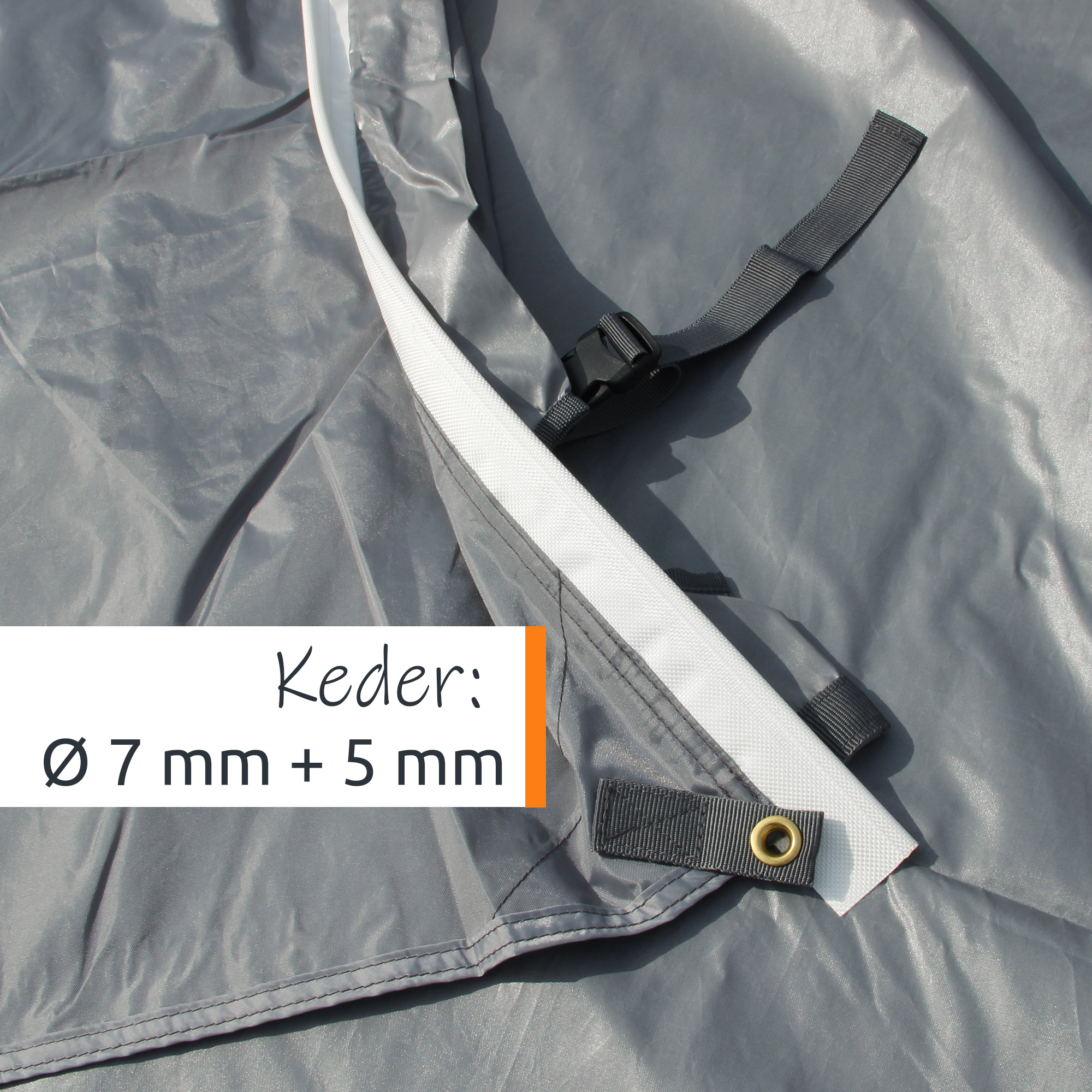 Bâche solaire grise your GEAR Cavoli 260x240 cm, bord renforcé blanc avec keder Ø7/5 mm, œillet laiton, sangles réglables et boucle plastique, tissu imperméable et coutures visibles pour auvent de van/bus.