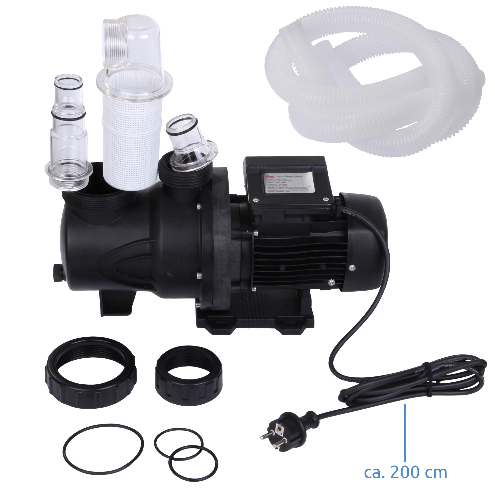 yourGEAR sand filter pump SFP 6813 for pools, shown with black motor unit, transparent connectors, filter basket, sealing rings, hose (approx. 200 cm), and power cable with plug. Suitable for pools up to 30 m³.