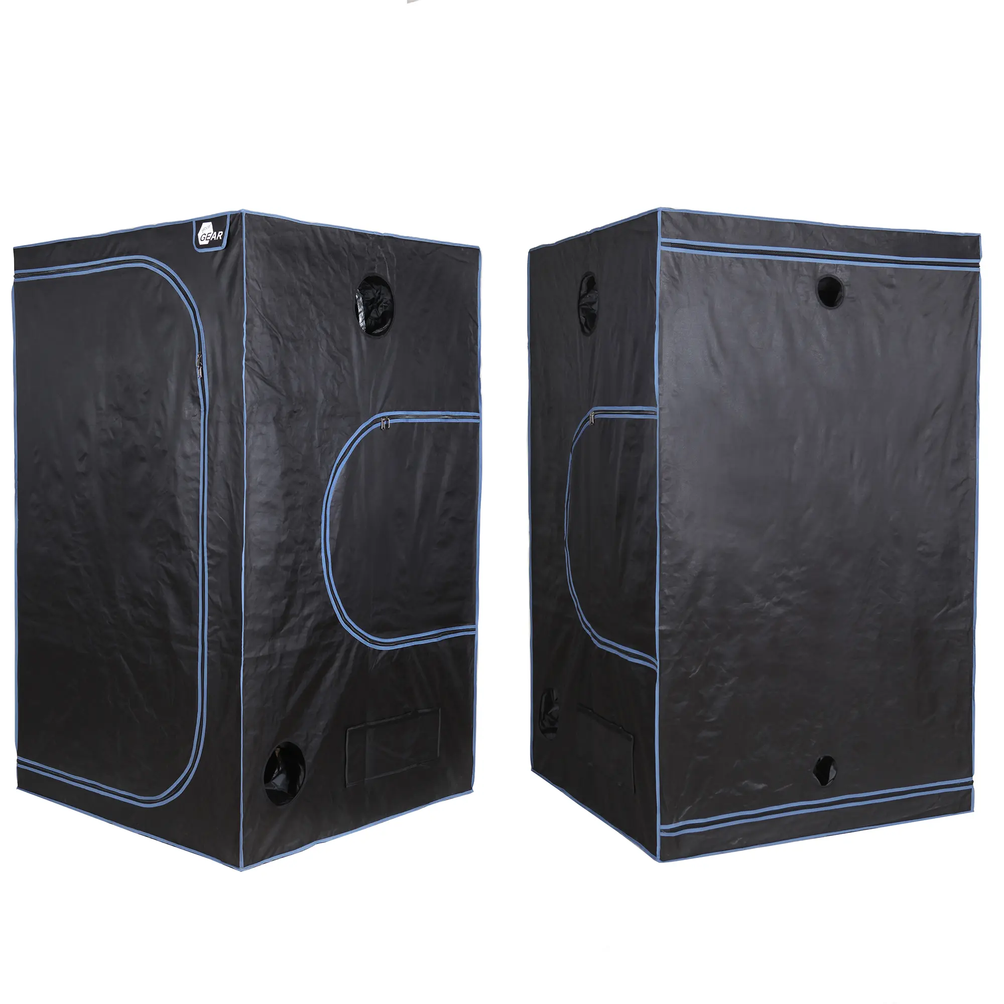 Growzelt yourGEAR Plantsville 120x120x200 cm, schwarzes Indoor Zuchtzelt mit blauen Nähten, mehreren Belüftungsöffnungen und stabilem Stoff, ideal für Pflanzenanzucht und Indoor-Gewächshaus.