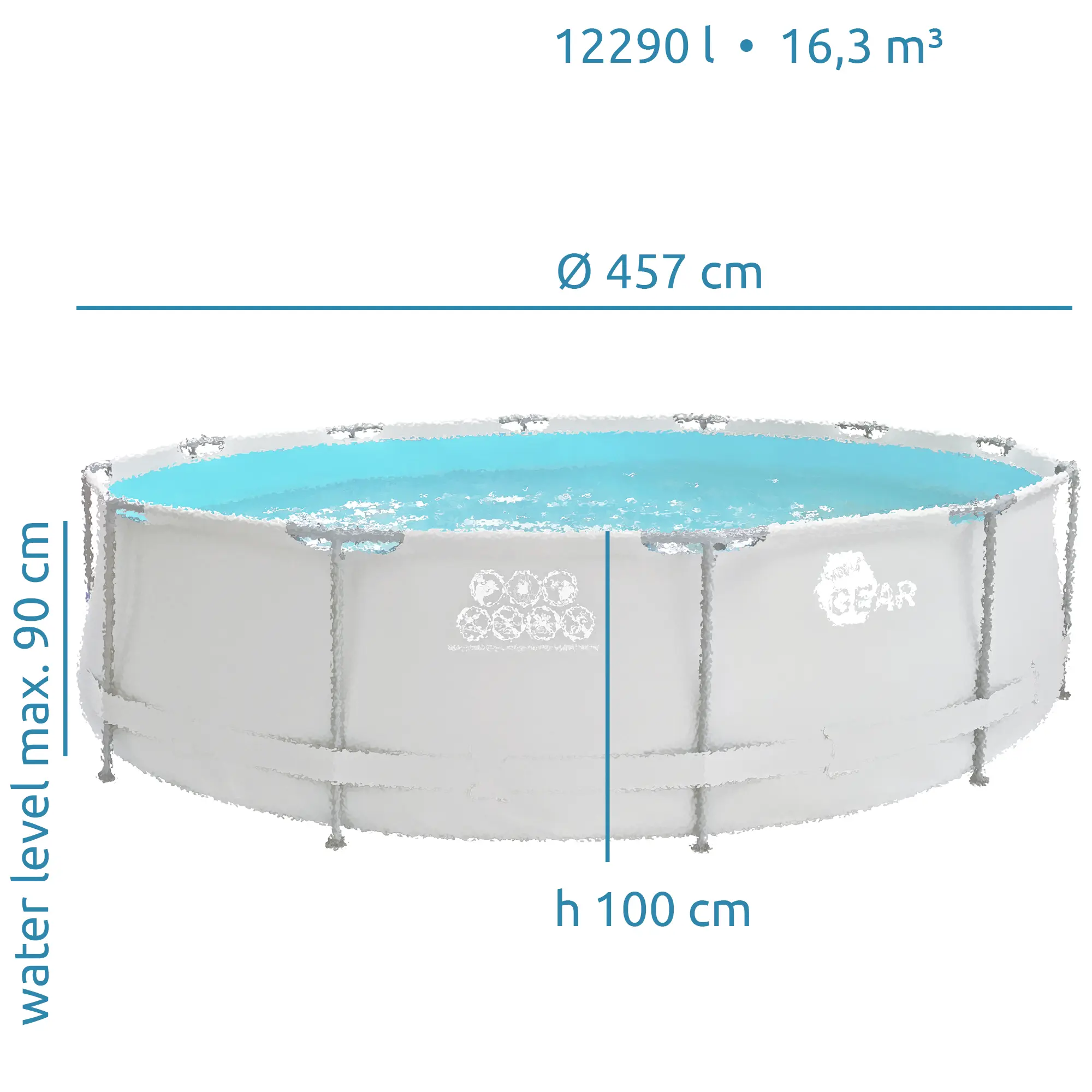 yourGEAR Familien Pool grau, rund, Durchmesser 457 cm, Höhe 100 cm, Stahlrahmen, robustes Vinyl, max. Wasserstand 90 cm, Fassungsvermögen 12.290 Liter, ideal als Gartenpool für Familien.