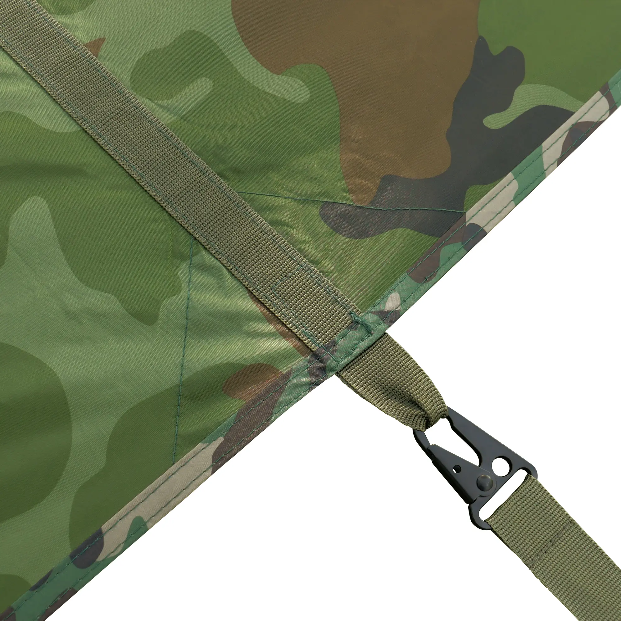 Toldo yourGEAR Bushcraft Tarp 3x3 verde camuflaje, resistente y impermeable, con costuras reforzadas, cinta de sujeción y mosquetón metálico para fácil montaje. Ideal para camping y protección solar.