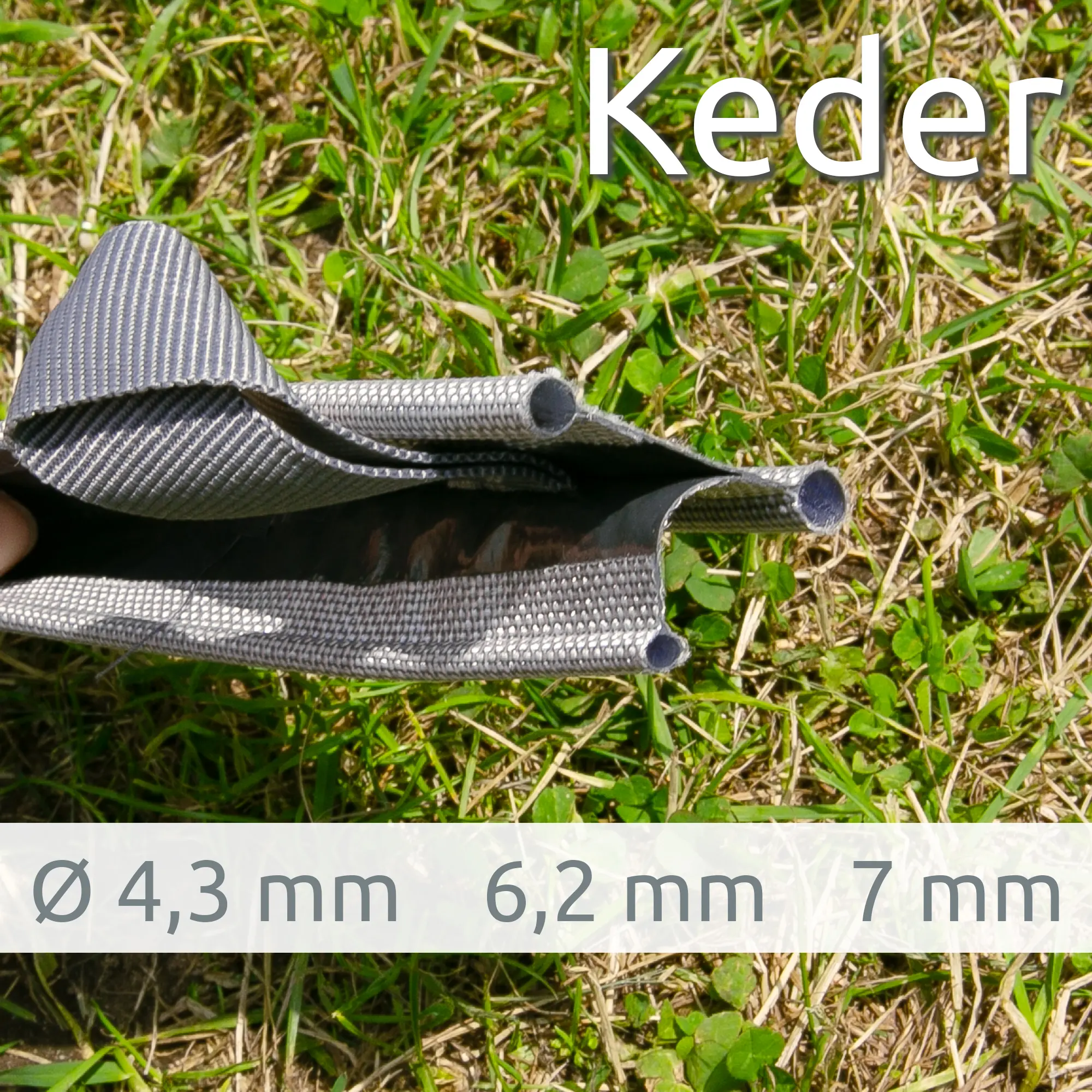 Primer plano de la cinta keder del avancé your GEAR Positano 330 para caravana, con tres diámetros visibles (4,3 mm, 6,2 mm y 7 mm) sobre césped, ideal para guías de toldo.