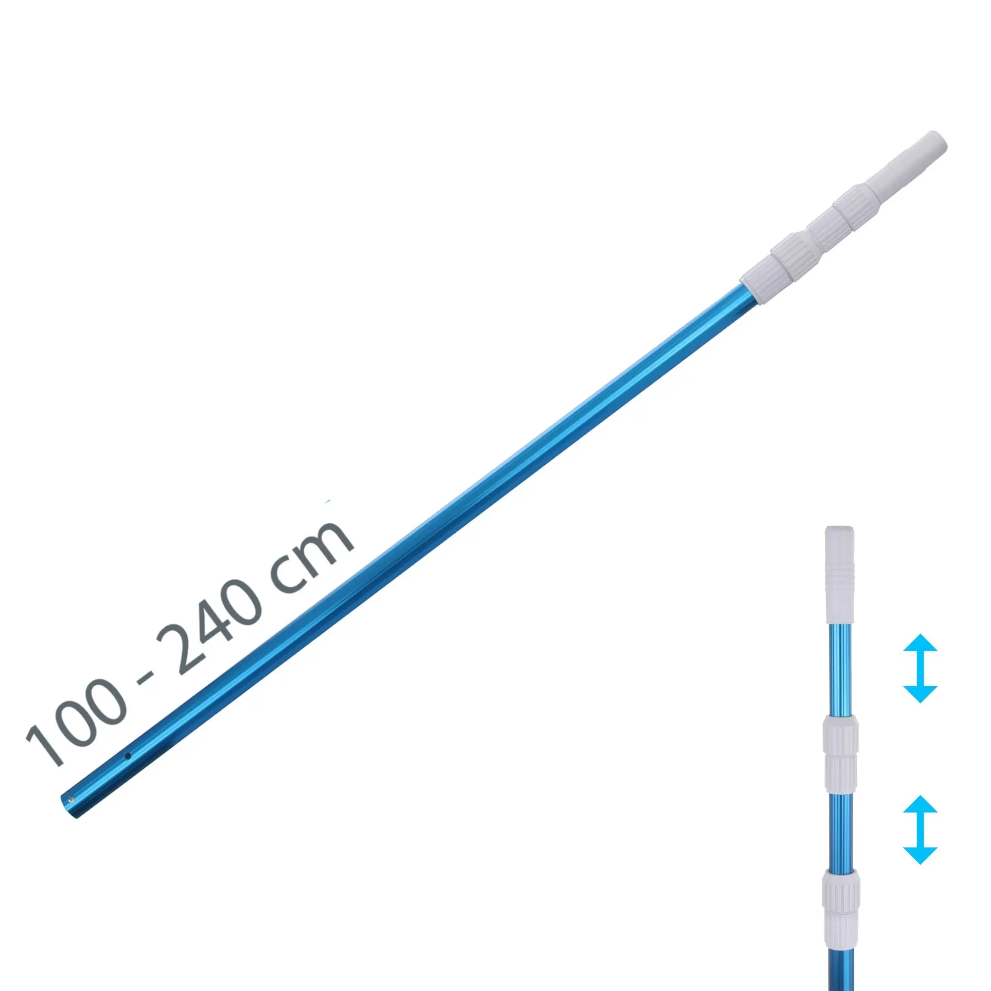 Perche télescopique yourGEAR PPS-3x80 en aluminium bleu, 3 sections, longueur réglable de 100 à 240 cm, poignées blanches, adaptée pour accessoires de nettoyage de piscine, diamètre environ 3,2 cm.