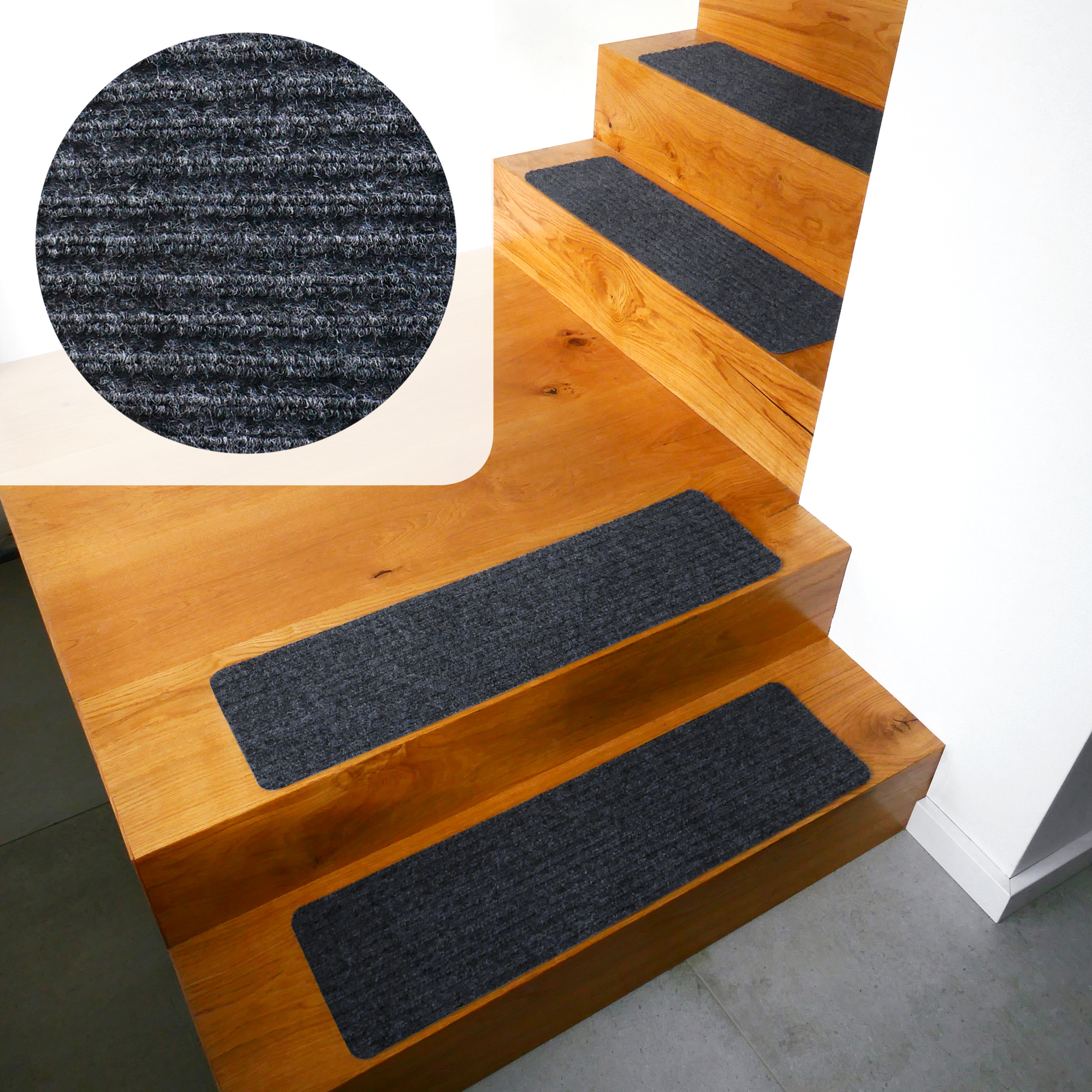 Light grey yourGEAR 15x self-adhesive stair mats, 76x20cm, with ribbed texture and TPR non-slip backing, shown on wooden stairs; close-up highlights durable, reusable surface for stair safety.