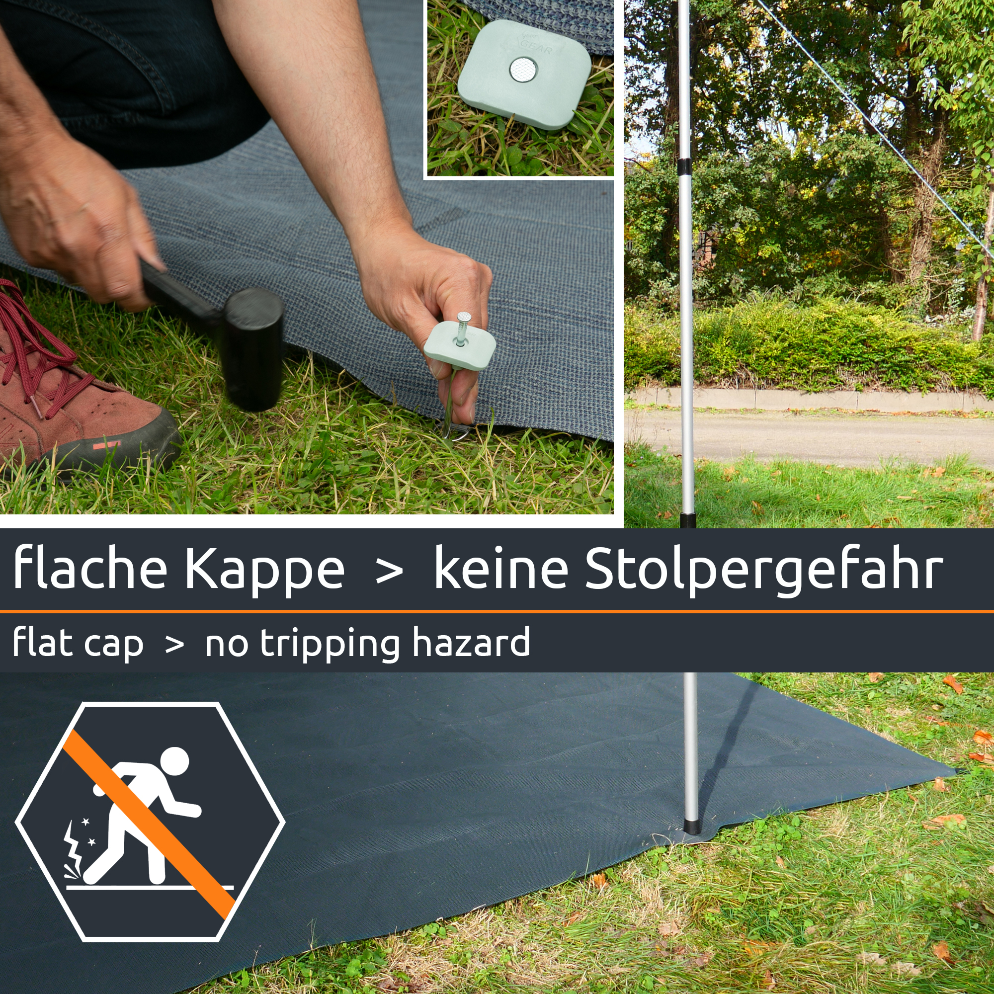 Outdoor Vorzeltteppich your GEAR 250 x 300 cm, graues, offenporiges Gewebe mit flacher Befestigungskappe, die Stolpergefahr verhindert, ideal für Camping, luft- und wasserdurchlässig, auf Gras ausgelegt.