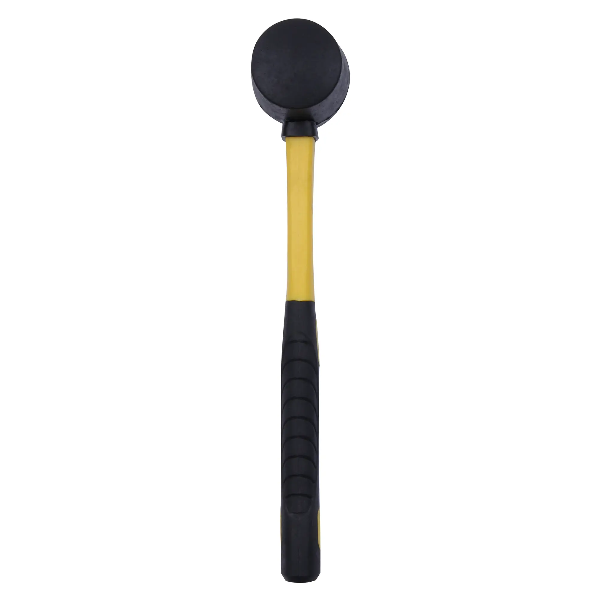 Maillet de camping 10T de 8 oz avec tête en caoutchouc noire de 45 mm et manche en fibre de verre jaune et noir, idéal pour planter des piquets de tente et travaux extérieurs.