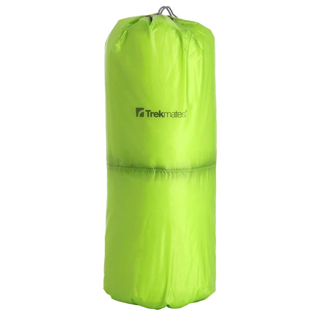 Bolsa de almacenamiento Trekmates Stuff Bag 6L en color verde neón, fabricada en nailon ligero y repelente al agua, con dos compartimentos y cierre de cordón en ambos extremos, ideal para organizar equipaje.