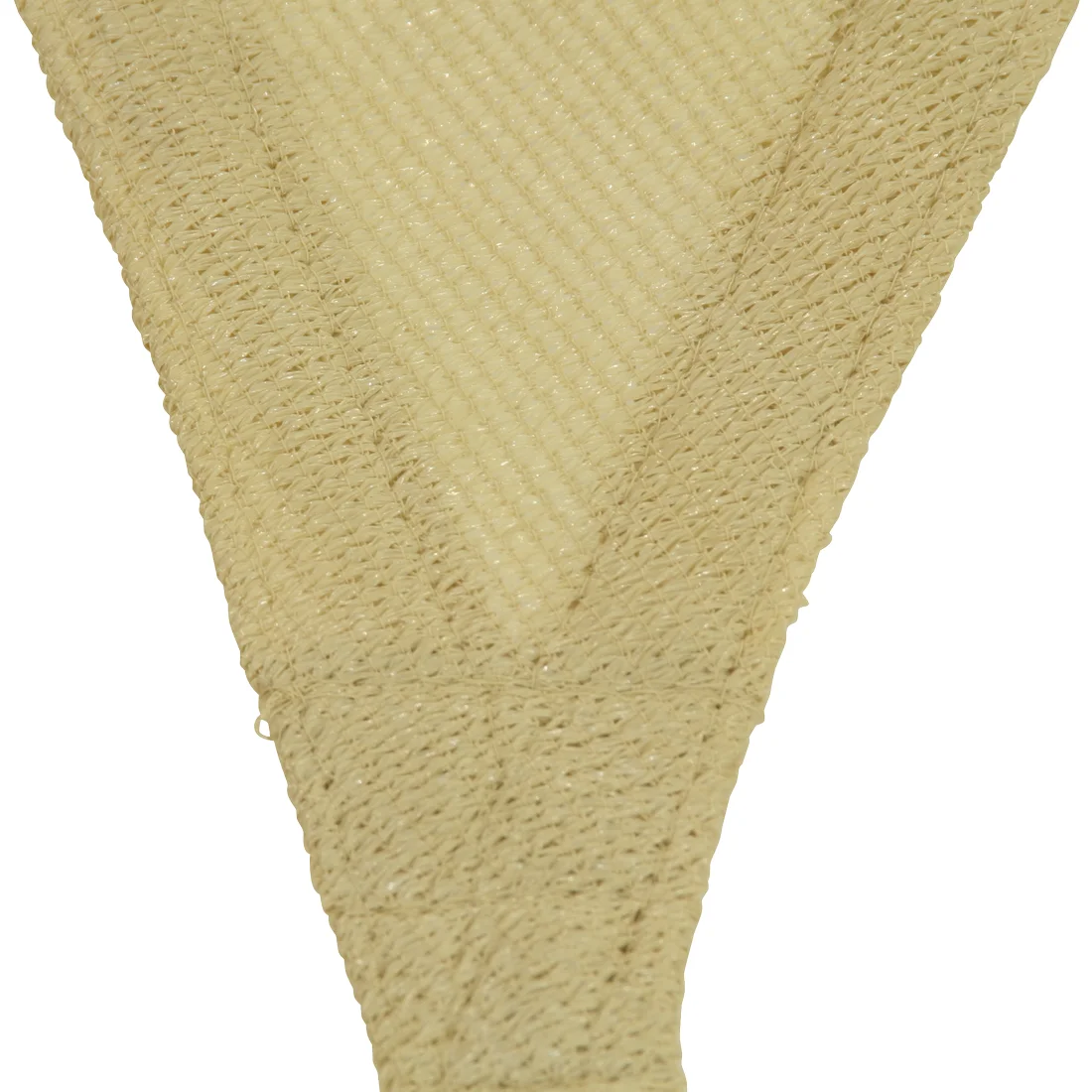 Close-up of the 10T Emerson triangular tarp sun sail, beige color, weather-resistant and breathable fabric, visible sturdy stitching and texture, designed for 90% UV protection. Ideal for outdoor shade.