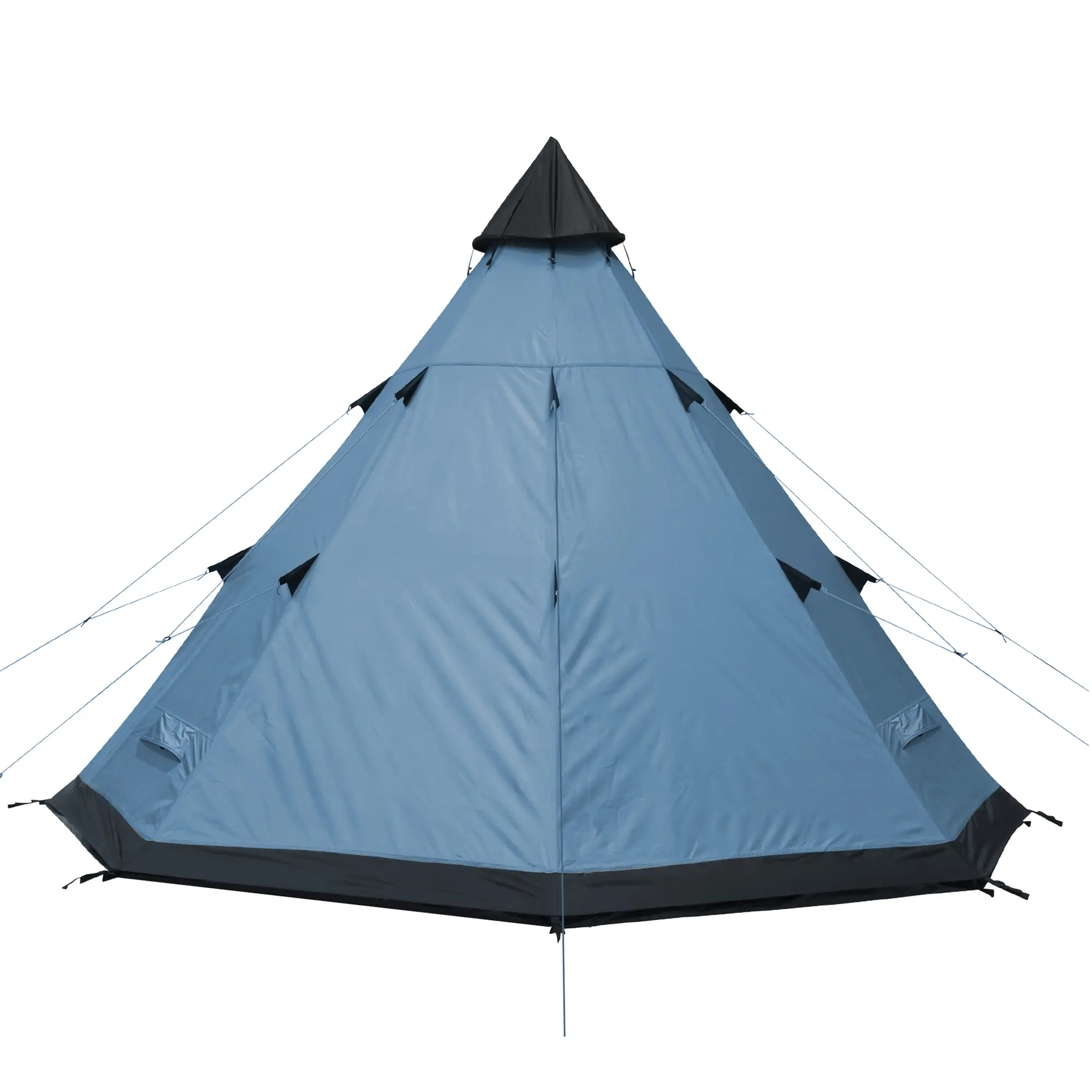 Blue your GEAR Lido 290 tipi tent for 3 people, with pyramid shape, guy lines, black base, waterproof fabric, sewn-in bathtub floor, and insect protection, ideal for camping and outdoor use.