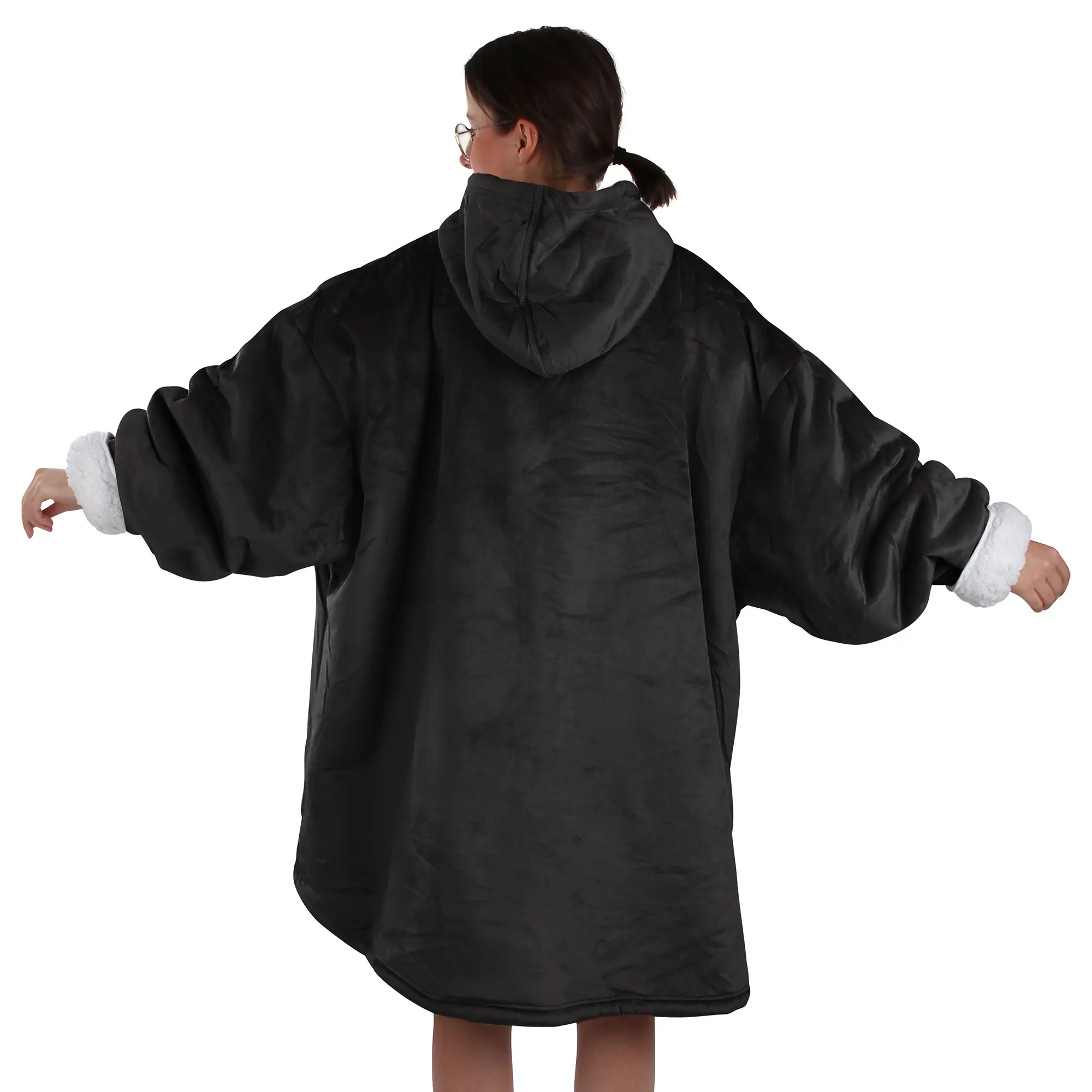 Unisex yourGEAR Davos black Sherpa hoodie blanket in XXXL, shown from the back. Features oversized fit, large hood, soft velour exterior, and white fluffy cuffs for warmth and comfort.