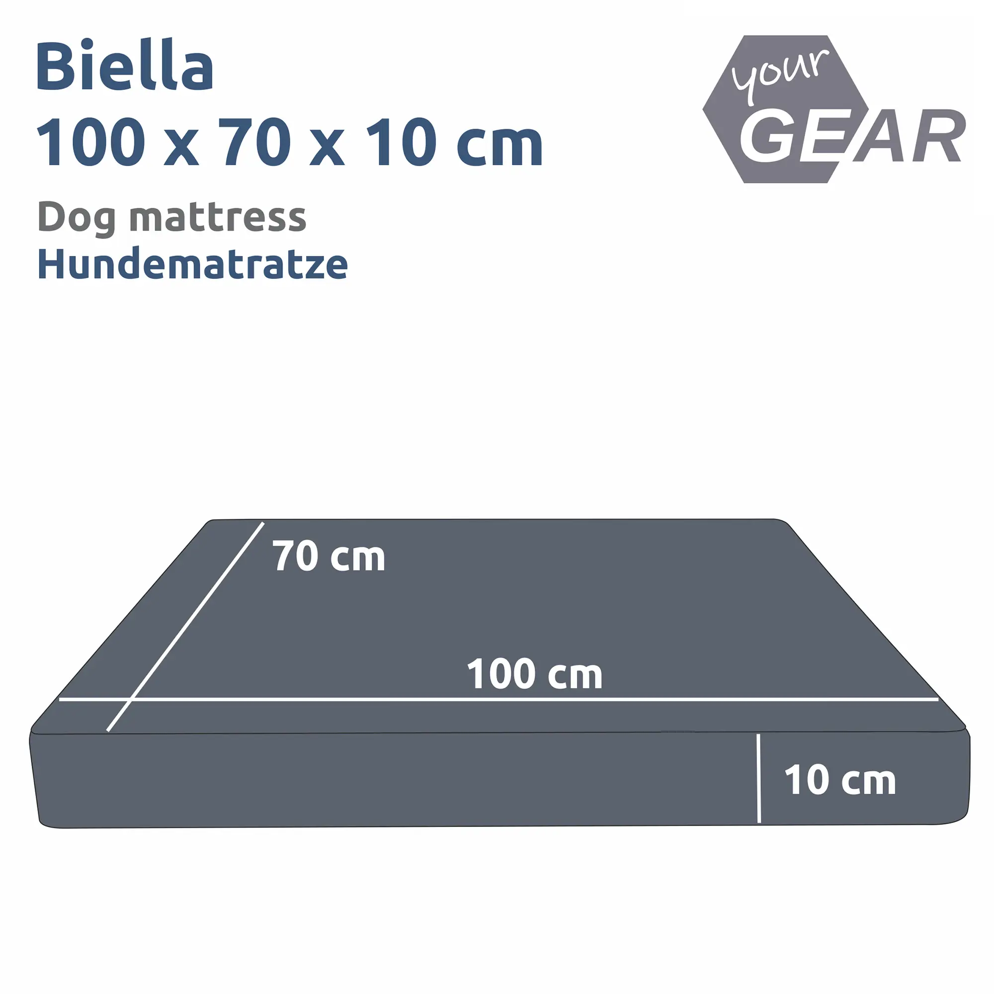 Orthopädisches Hundebett your GEAR Biella, 100x70x10 cm, rechteckig, dunkelgrau, mit Maßangaben auf der Matte, geeignet als Hundematte oder Hundekissen, waschbar, OEKO-TEX zertifiziert.