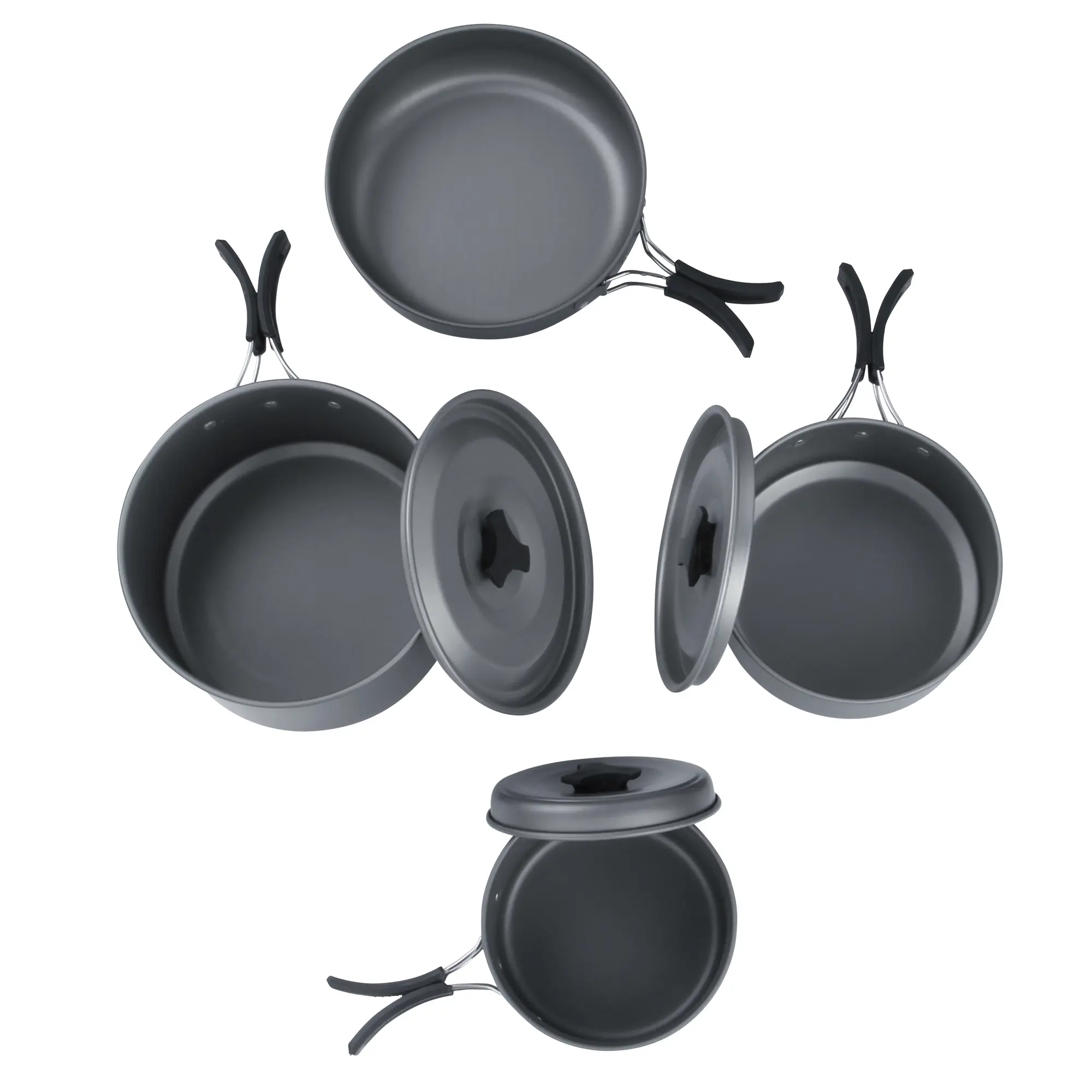 your GEAR Ranger V pot and pan set, 7-piece camping cookware for 4-5 people, includes large frying pan and 3 lidded pots, lightweight, stackable design with foldable handles, shown in grey aluminum.