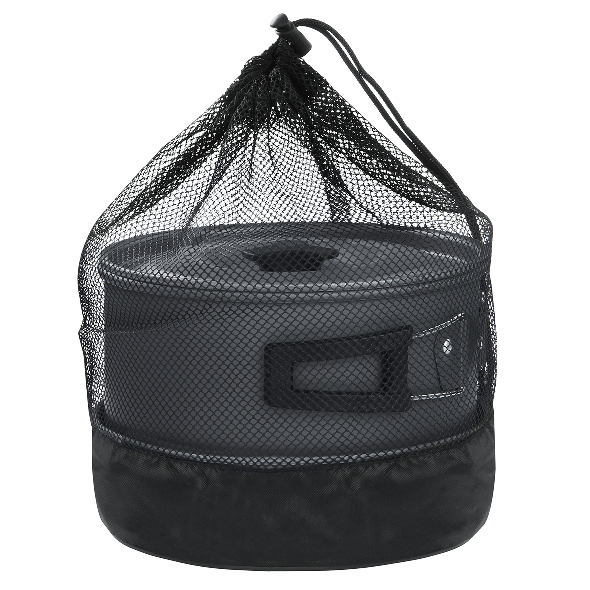 7-teiliges your GEAR Ranger V Camping Topf-Pfannen-Set für 4–5 Personen, kompakt im schwarzen Netzbeutel verpackt, mit sichtbaren Griffen und Deckel, ideal für Outdoor-Küche und Camping.