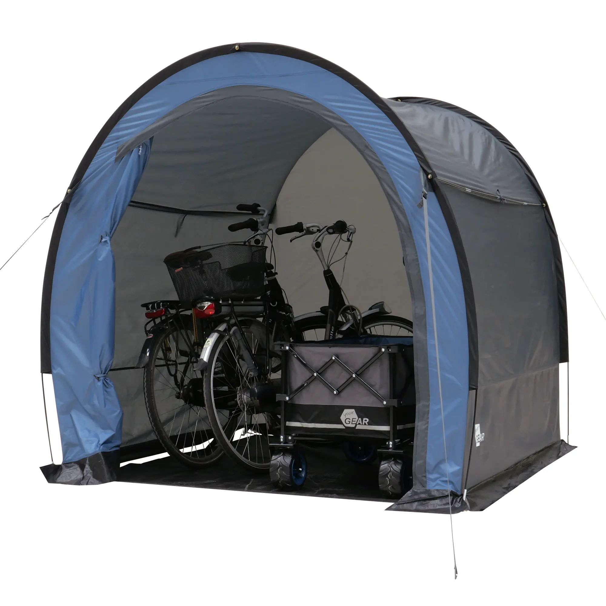Zelt Vento von your GEAR, 200x180x180 cm, in Tunnelform mit UV 50+ Schutz, geöffnet, bietet Platz für Fahrräder und Ausrüstung, mit Bodenplane, geeignet als Gerätezelt, Fahrradzelt oder Universalzelt.