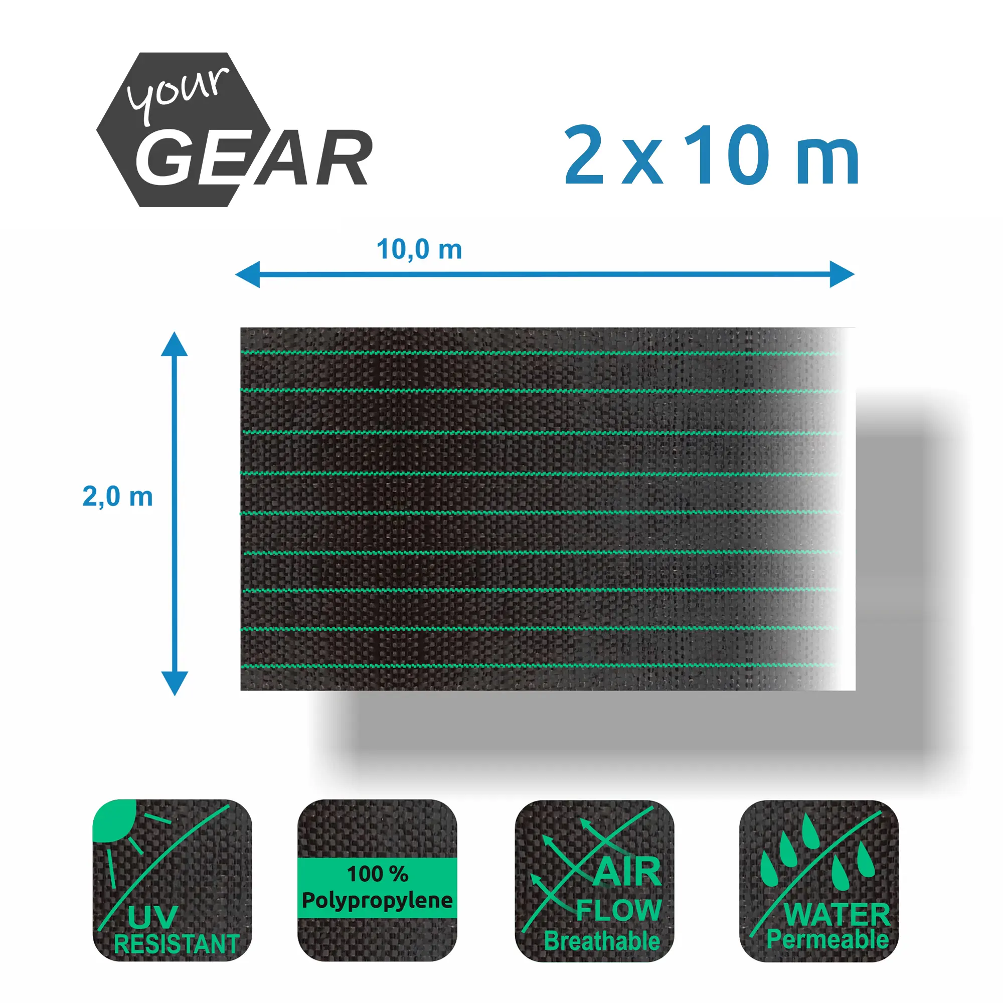 yourGEAR weed control fabric 2x10 m, black with green stripes, UV-resistant, 100% polypropylene, breathable and water-permeable. Product icons highlight material, airflow, water permeability, and dimensions.