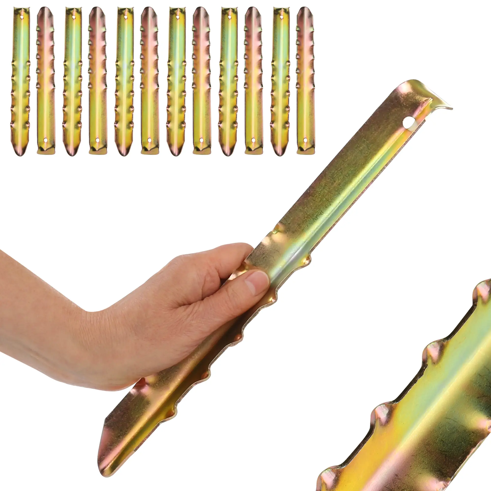 Set of 12 your GEAR VX 300 steel tent pegs, V-profile with barbs, 300 x 35 x 15 mm, shown in gold color; close-up of one peg held in hand, highlighting sturdy construction and hook design.