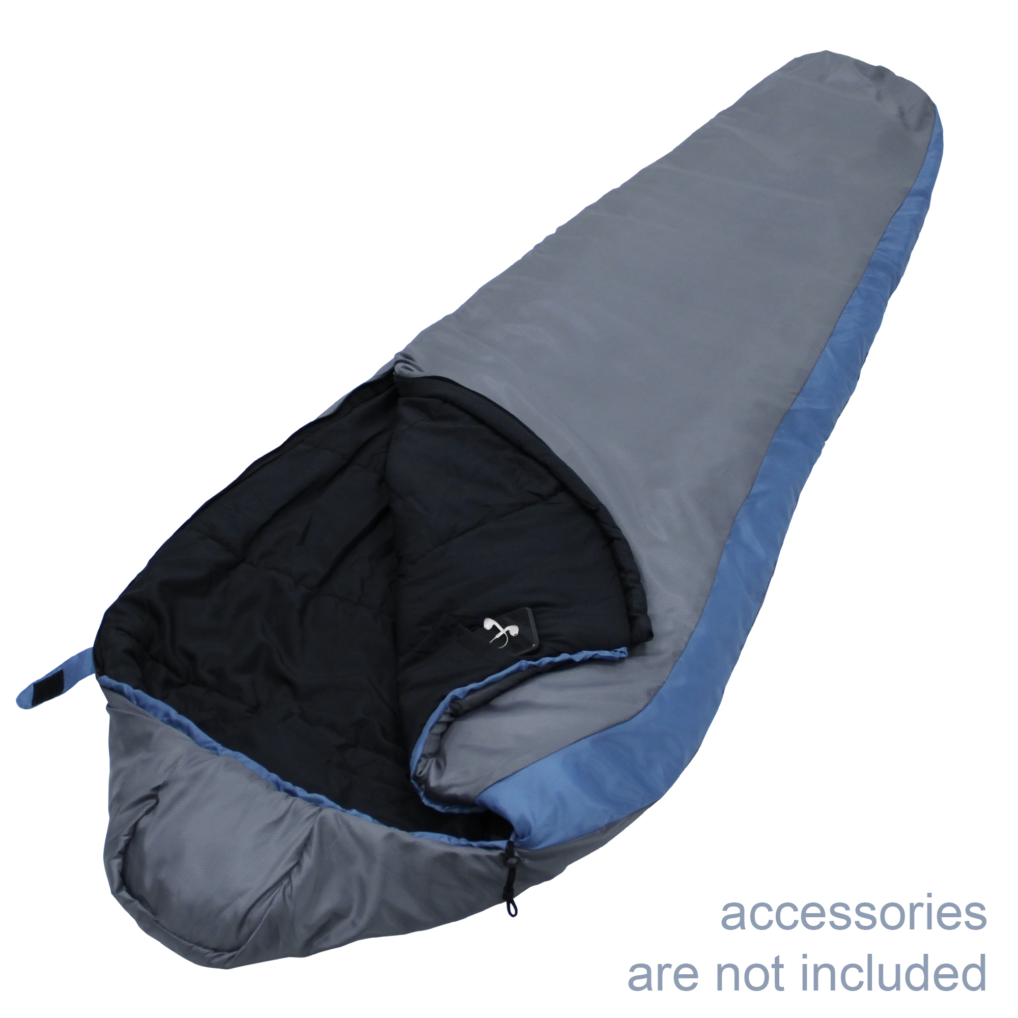 yourGEAR Schlafsack Pali -3°C, leichter Mumienschlafsack in Grau und Blau, 220x75cm, mit Kapuze, kleinem Packmaß, geöffnet und von oben fotografiert. Ideal für Sommer, Camping und Outdoor-Aktivitäten.