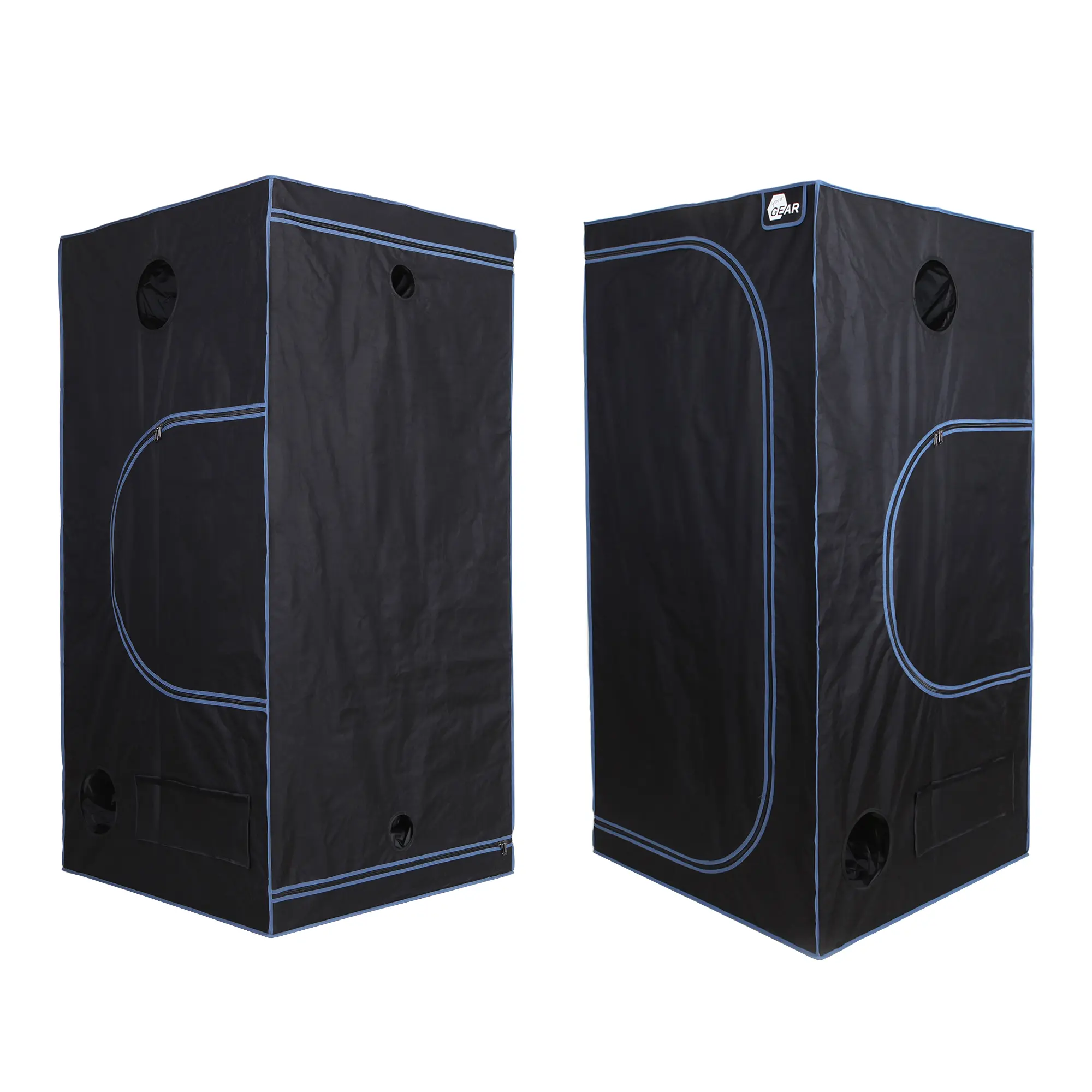yourGEAR Grow Tent Plantsville 100x100x200 cm, black indoor greenhouse box with blue seams, multiple ventilation openings, rectangular shape, suitable for plant cultivation, shown from two angles.