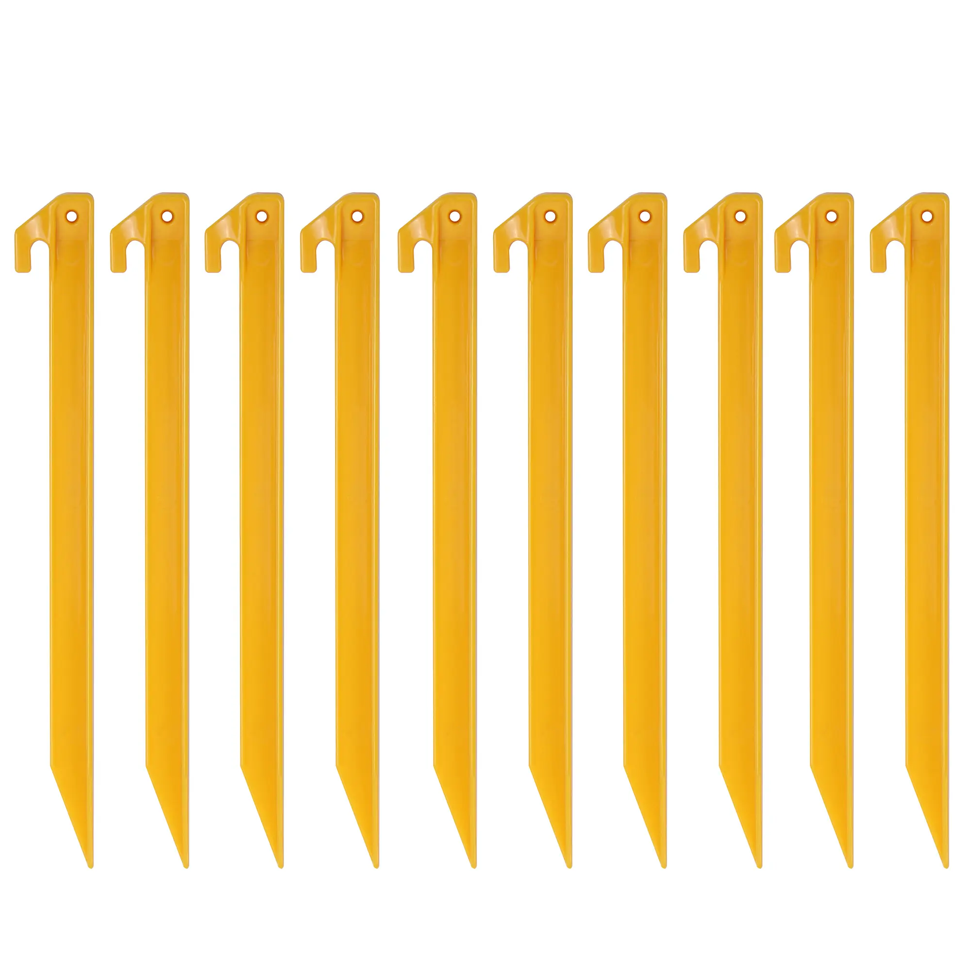 10T PEG IT TH-30ABS: 10 gelbe Camping-Zeltheringe aus robustem ABS-Kunststoff, T-Profil, spitz zulaufend, je 300 mm lang und 20 mm breit, ideal zur Befestigung von Zelten und Tarps.