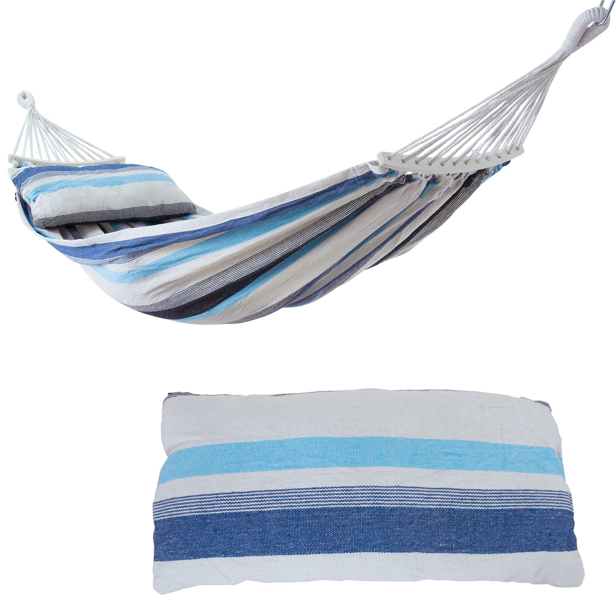 yourGEAR Bali Aqua hammock, 220x120cm, blue and white striped cotton fabric, includes matching pillow and spreader bar, shown with sturdy white ropes for hanging, supports up to 240kg.
