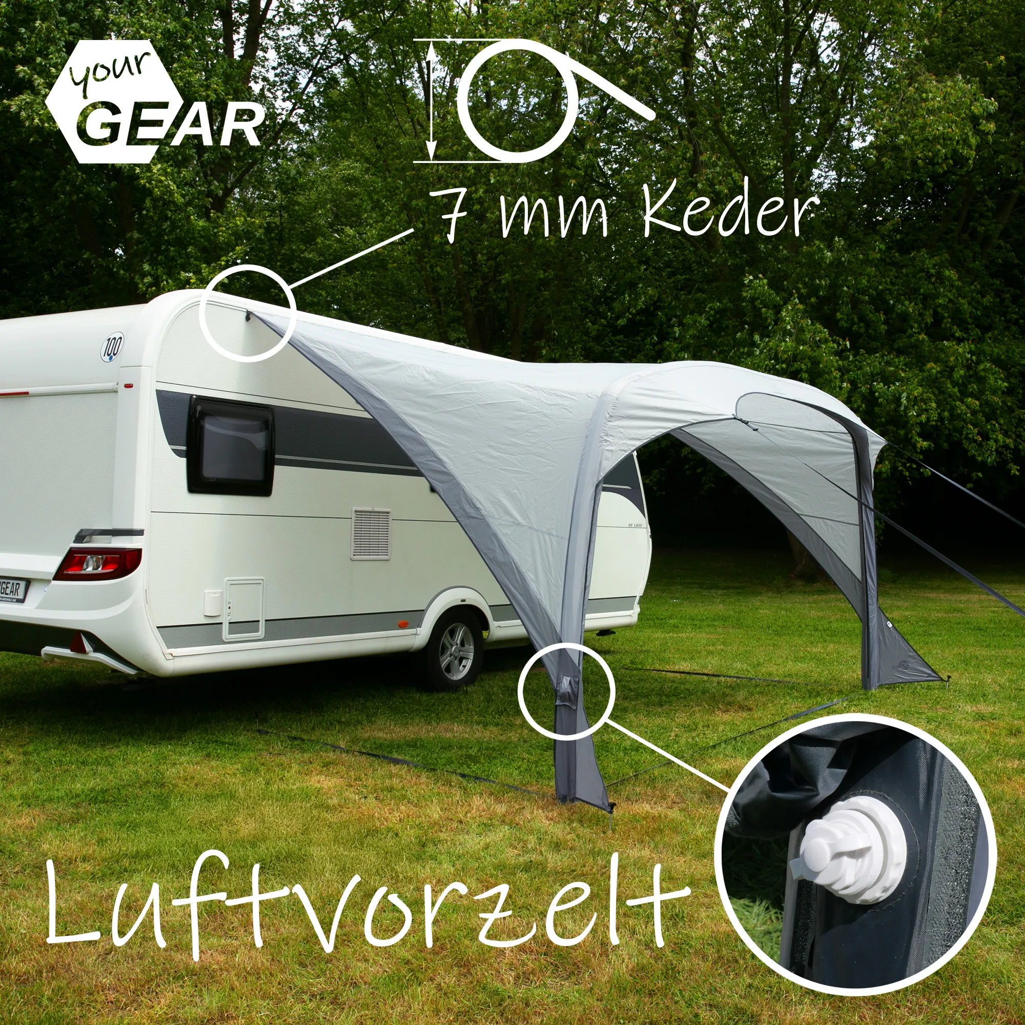 Auvent gonflable your GEAR Caravan Amalfi Air 3.6 gris fixé au rail de caravane, grand porche arrondi avec jupes latérales, piquets et tendeurs, couture visible et logo 7 mm keder illustré.