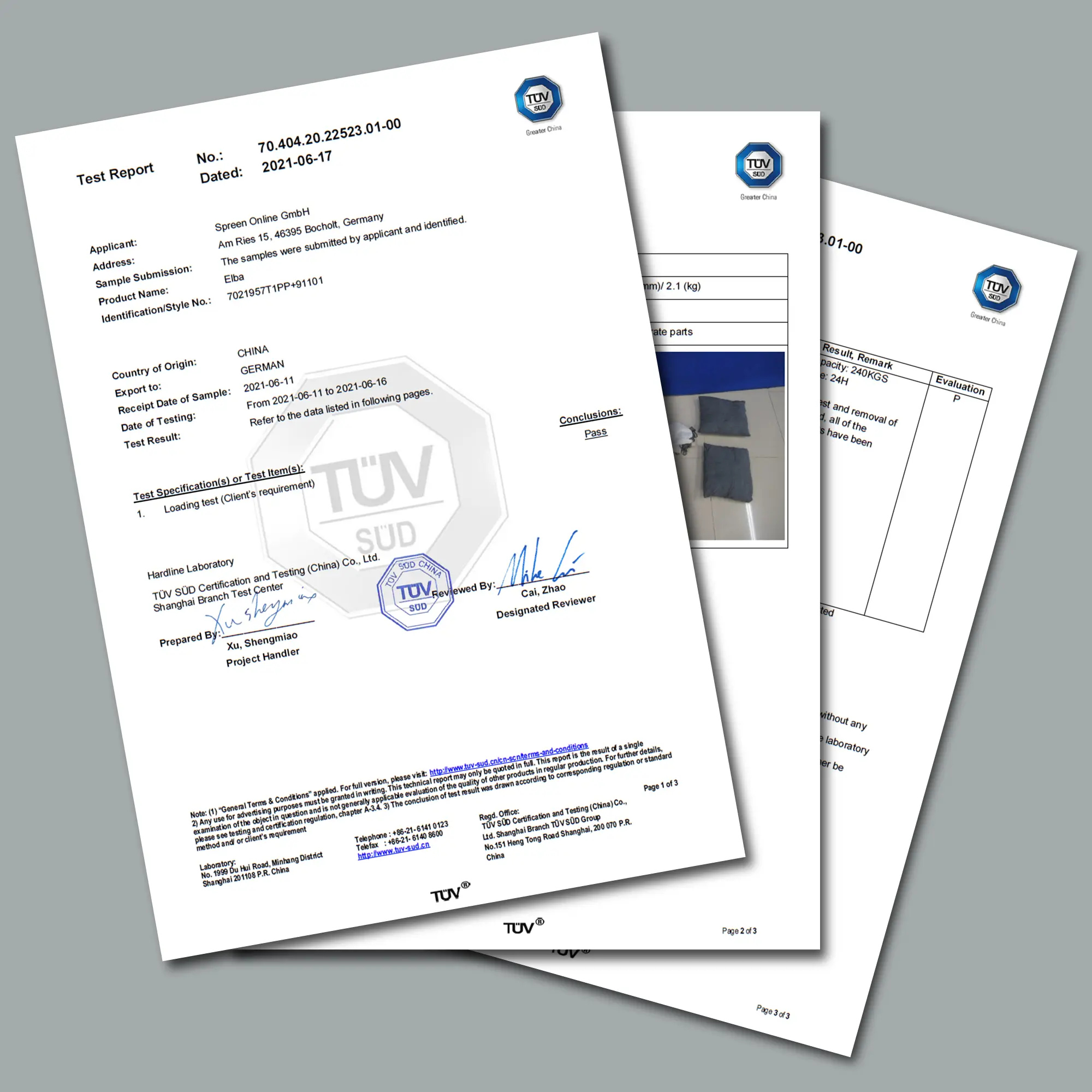 Three TÜV SÜD test reports for yourGEAR Elba XL hanging chair, confirming 240kg load capacity and safety certification; visible signatures and details on white documents against a grey background.